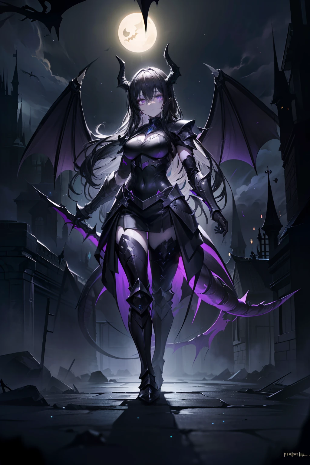 {{masterpiece, best quality, extremely detailed CG, unity 8k wallpaper,anatomically correct,ultra resolution}},Award-winning photography,(best illumination,Very Delicate and Beautiful),{one girl,solo},full body view,knight,(black long hair:1.5),purple eyes,(extremely beautiful and detailed face:1.2), (extremely beautiful and detailed eyes:1.2),perfect hands,delicate legs,((black dragon horns,huge dragon wings,one dragon tail:1.2)),(epic),pointy ears,purple earrings,purple jewelry,((Plate Armor:1.2,breastplate,greaves,armored boots,armored gloves)),looking at viewer,dark persona,evil,(cute:1.5),((night, dark atmosphere, dark theme, scary atmosphere, darkness:1.5)),dramatic shadows,(dimly lit:1.5),(purple Luminescent Particles:1.4),depth of field,(outdoor:1.5,haunted Gothic castle:1.2),{perfect human body structure with maximum precision}