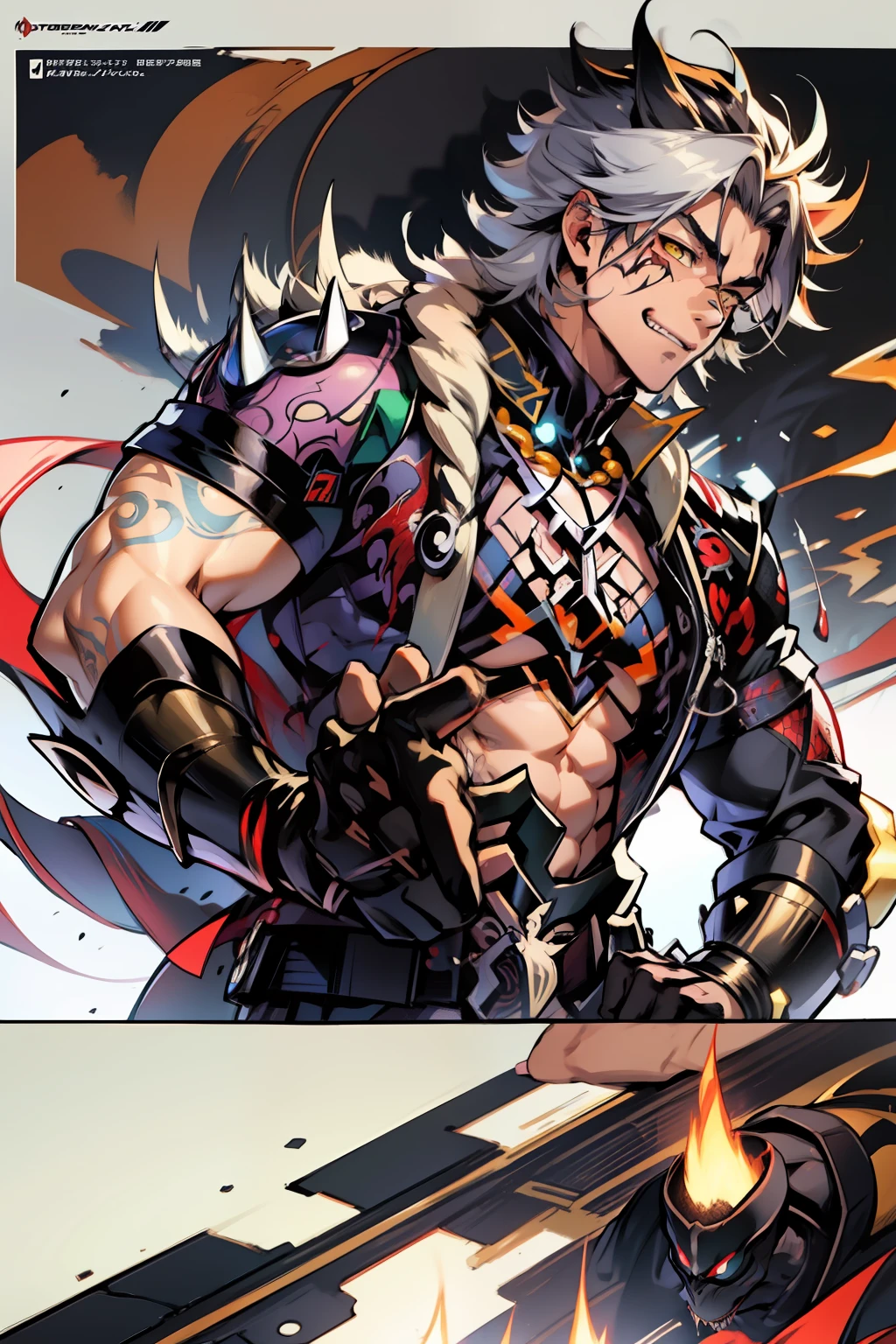 《the original god》Arataki Kazuto , male people,,((Masterpiece)), ((Best quality)), Ultra detailed,((illustration)), Dynamic Angle, Detailed light, (Delicate eyes), Floating, 1boy, Male focus, Head, Clothing, Yellow eyes, necklace, tattoo, (Forehead:0.8), (ahoge:0.8), jewelry, apathy,Ray, chest muscle, Sexy , Venom symbiote for your body, Black mucus of the body , (into venom), Venom,frontage,style of anime4 K, 4K anime wallpaper, Badass anime 8 K, 4 k comic wallpaper, young anime man, Anime boys, Anime wallpapers 4 k, Anime wallpaper 4K, High quality anime art style, Anime moe art style, Anime art wallpaper 8 K, Anime art wallpaper 4 K, RGB lighting