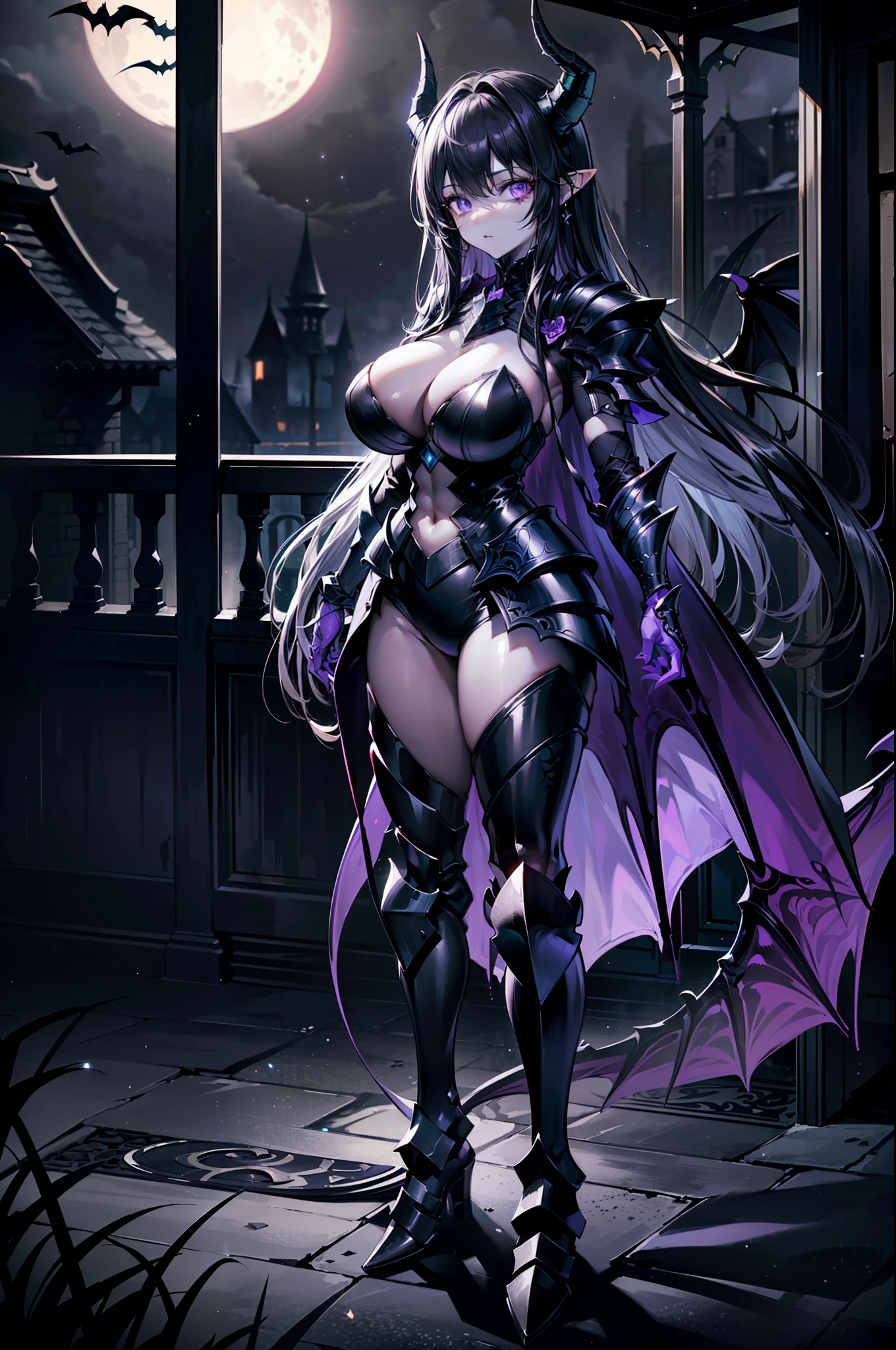 {{masterpiece, best quality, extremely detailed CG, unity 8k wallpaper,anatomically correct,ultra resolution}},Award-winning photography,(best illumination,Very Delicate and Beautiful),{one girl,solo},full body view,knight,(black long hair:1.5),purple eyes,(extremely beautiful and detailed face:1.2), (extremely beautiful and detailed eyes:1.2),perfect hands,delicate legs,((black dragon horns,huge dragon wings,one dragon tail:1.2)),(epic),pointy ears,purple earrings,purple jewelry,((Plate Armor:1.2,breastplate,greaves,armored boots,armored gloves)),looking at viewer,dark persona,evil,(cute:1.5),((night, dark atmosphere, dark theme, scary atmosphere, darkness:1.5)),dramatic shadows,(dimly lit:1.5),(purple Luminescent Particles:1.4),depth of field,(outdoor:1.5,haunted Gothic castle:1.2),{perfect human body structure with maximum precision}