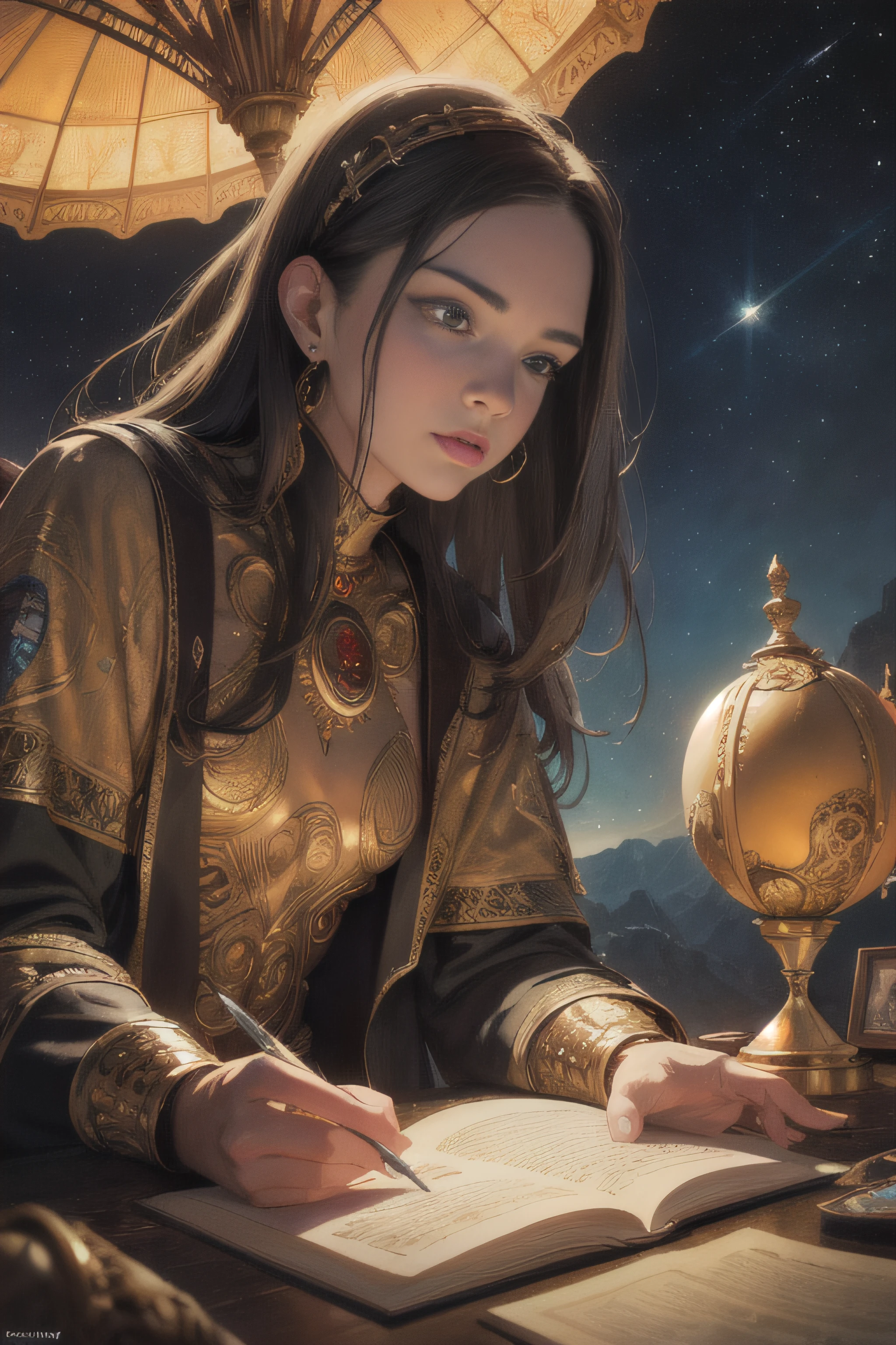 (masterpiece, best quality, highres) , art by Kelly Freas, (art by Warren Buffet:1.0) , fine detailed, ultra-detailed, detailed face, detailed eyes, concept art, 1700'S "The Death of Buddha", Space-time curvature background, Clear skies, shallow depth of field, Cozy, Magical Realism, Zoom lens