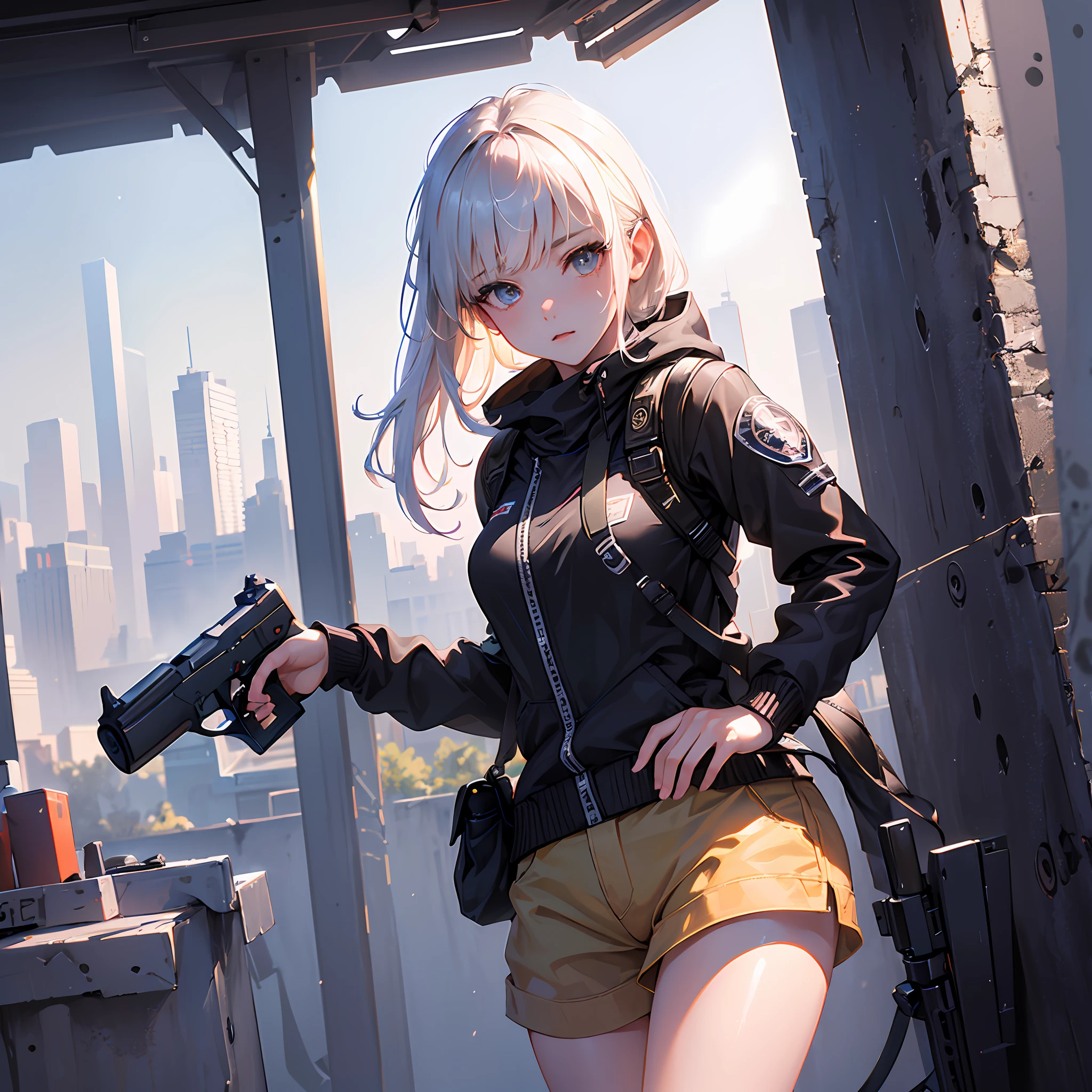 photo realistic, (extremely detailed CG unity 8k wallpaper), (masterpiece), (best quality), (ultra-detailed), (best illustration), (best shadow), ultra-high res, (photorealistic:1.4), (1girl:1.3), holding a gun, Glock, Ready to fire, C.A.R_system