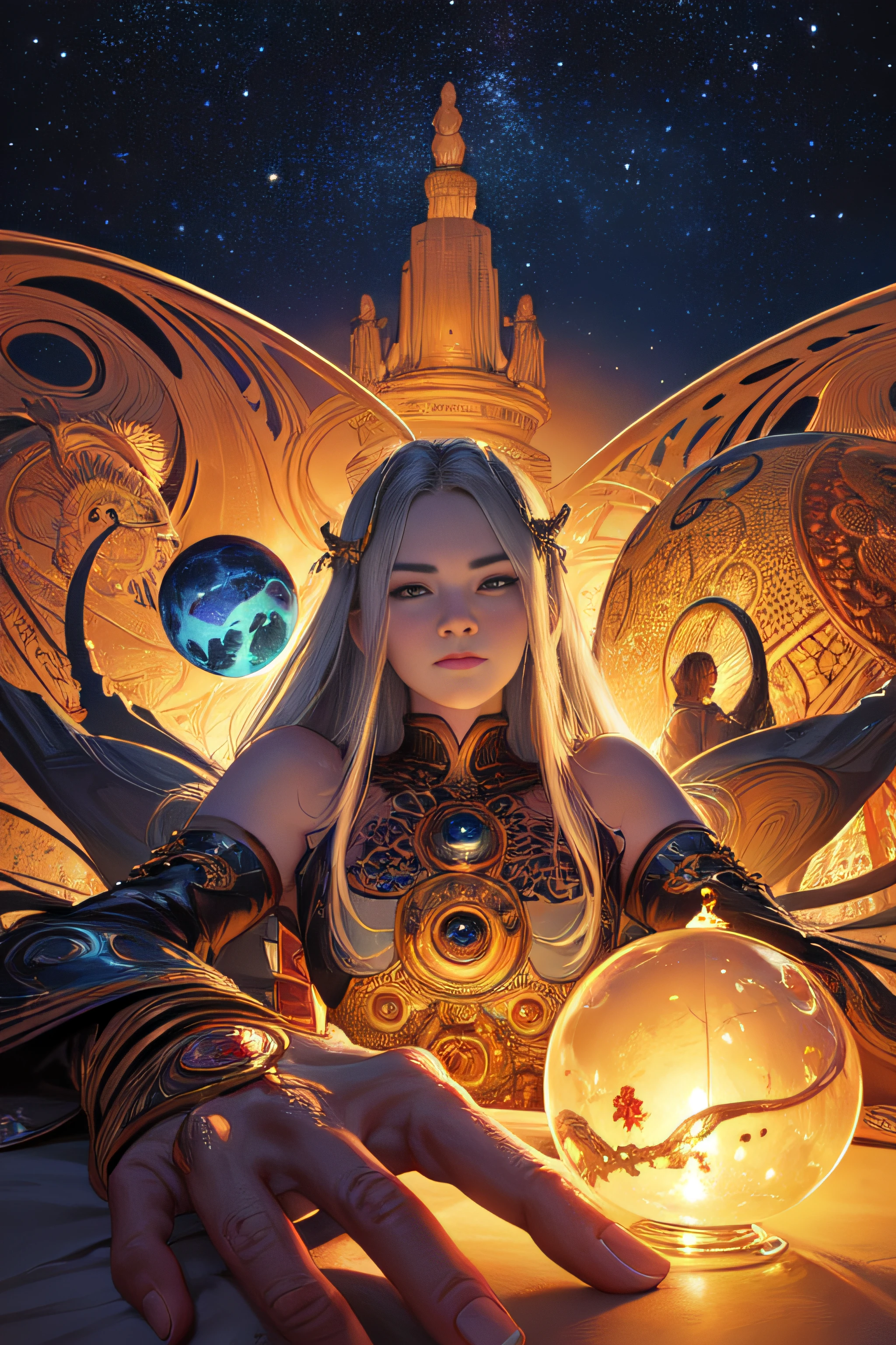 (masterpiece, best quality, highres) , art by Kelly Freas, (art by Warren Buffet:1.0) , fine detailed, ultra-detailed, detailed face, detailed eyes, concept art, 1700'S "The Death of Buddha", Space-time curvature background, Clear skies, shallow depth of field, Cozy, Magical Realism, Zoom lens