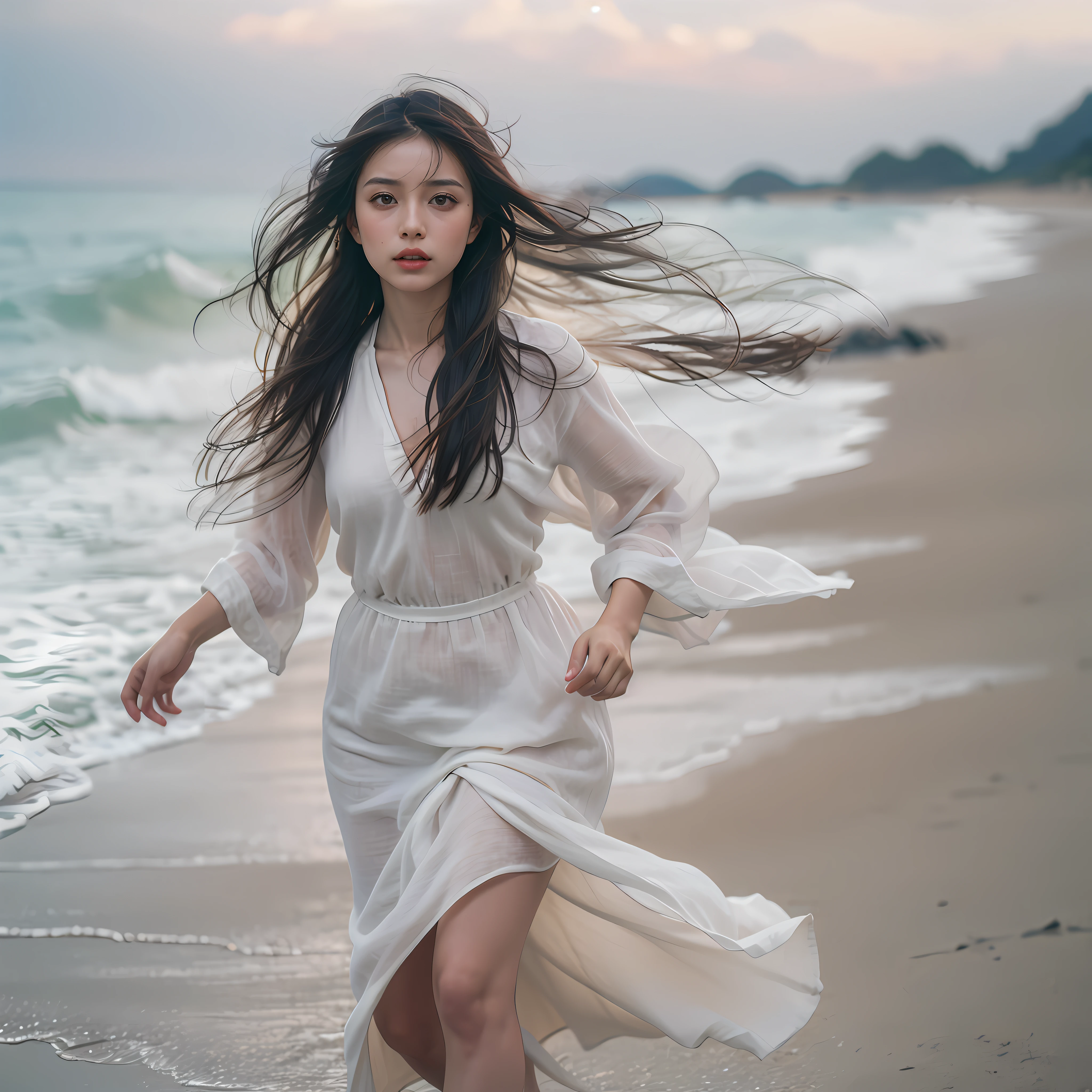 (Large format:1.3) photo of a beautiful asian woman, with her tousled hair, dressed in a white linen dress, walking along a beach, upper body, against a sea backdrop, under overcast lighting, eye level, shot on ARRI ALEXA 65 with ND filter, (in style of Tim Walker:1.2)