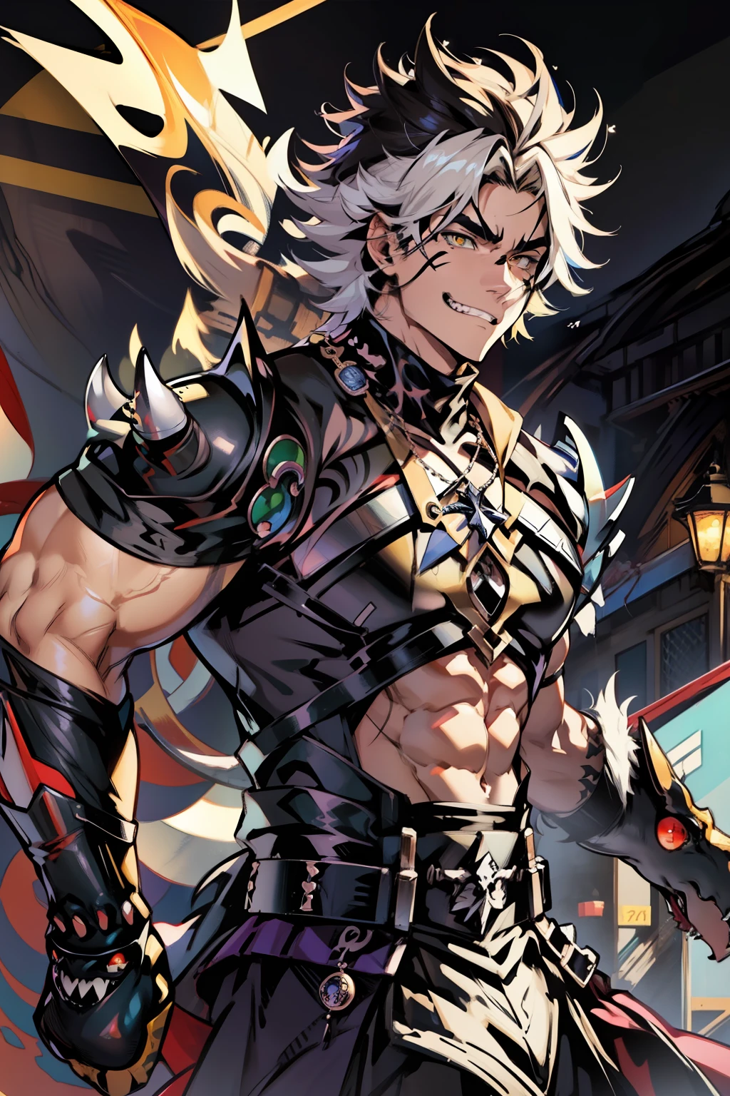 《the original god》Arataki Kazuto , male people,,((Masterpiece)), ((Best quality)), Ultra detailed,((illustration)), Dynamic Angle, Detailed light, (Delicate eyes), Floating, 1boy, Male focus, Head, Clothing, Yellow eyes, necklace, tattoo, (Forehead:0.8), (ahoge:0.8), jewelry, apathy,Ray, chest muscle, Sexy , Venom symbiote for your body, Black mucus of the body , (into venom), Venom,frontage,style of anime4 K, 4K anime wallpaper, Badass anime 8 K, 4 k comic wallpaper, young anime man, Anime boys, Anime wallpapers 4 k, Anime wallpaper 4K, High quality anime art style, Anime moe art style, Anime art wallpaper 8 K, Anime art wallpaper 4 K, RGB lighting