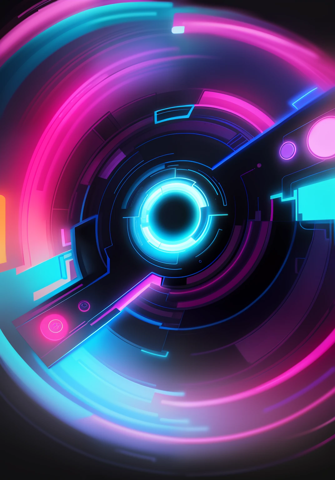 Paint a picture full of technology，The background is a dark blue circle，It is surrounded by neon-pink and blue rings，Depict mechanical portals。