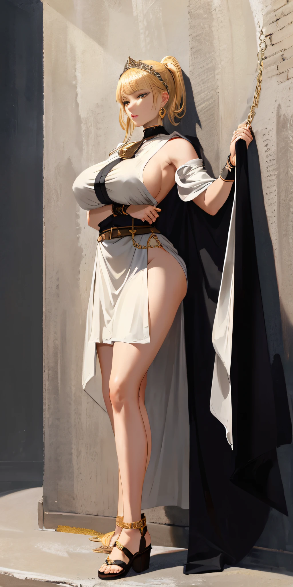 (Masterpiece), full body of a cleric female, big breast, detailed face, smooth skin, full portrait, standing straight, shackles on arms and legs, black chocker on neck, SFW, WHITE TOGA and18, earrings