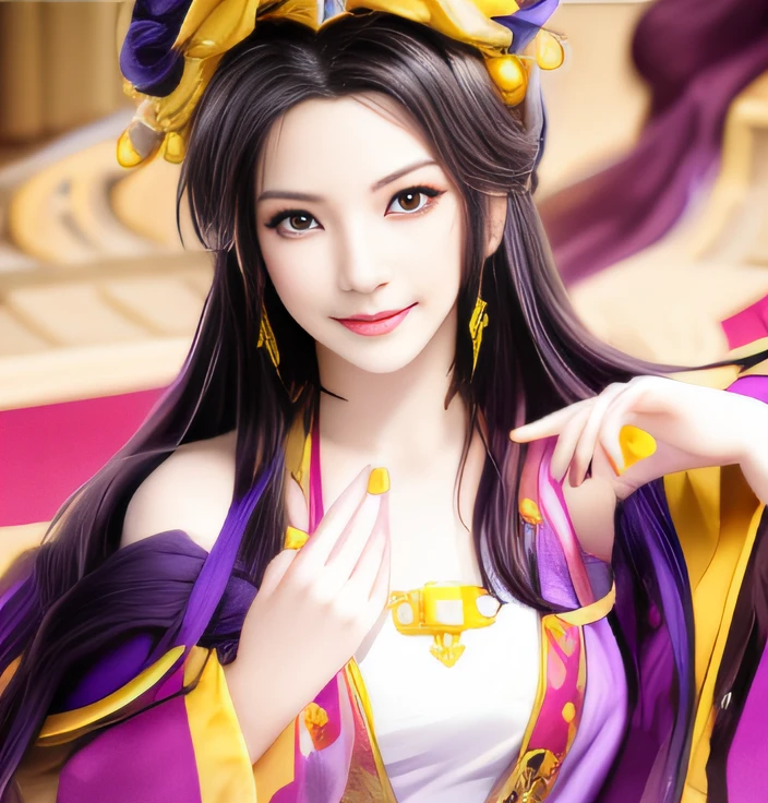 A smile、Woman in purple and yellow dress, A dark-haired、Palace Room