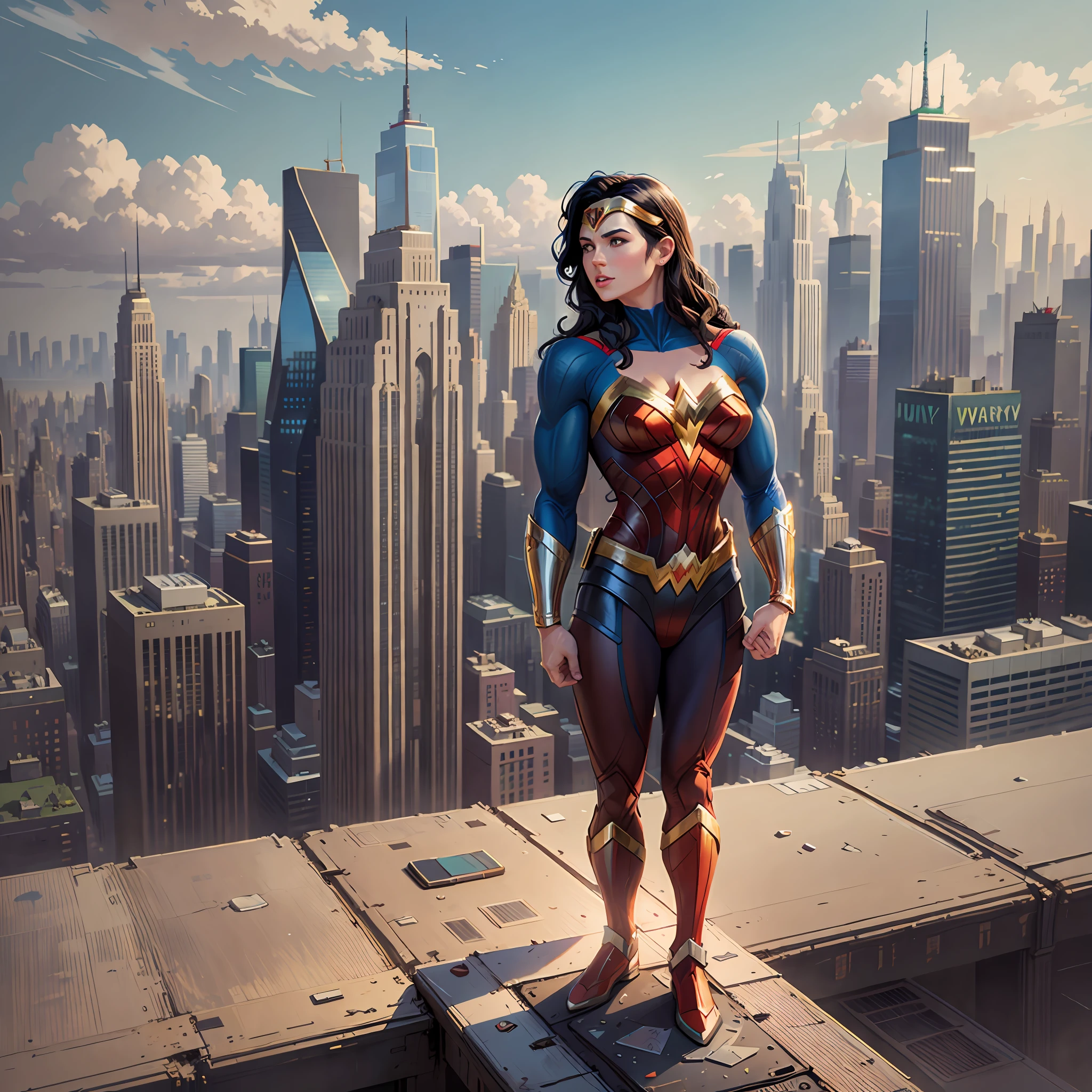 Superman and Wonder woman full body, on top of a building, modern New York city as a background with skyscrapers a river and a bridge, Comic book style, Modern comic book style. background New York City, the Statue of Liberty in the background