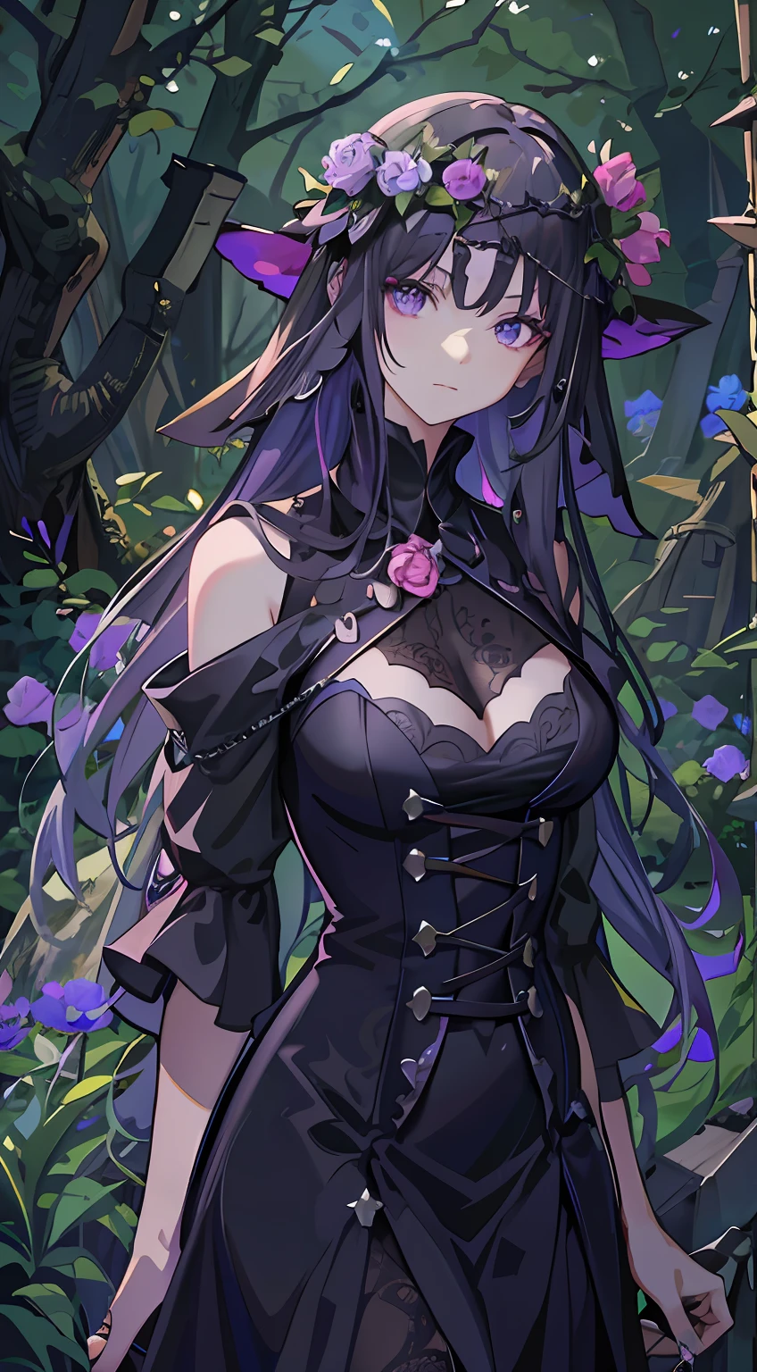 Anime girl wearing black dress,Wearing a flower crown and a sword, Kushatt Krenz Key Art Women, gothic maiden anime girl, a maid in a magical forest, a sexy maid in a magical forest, 8K high quality detailed art, fashionable dark witch, dark witch character, From Arknights, Marin Kitagawa fanart, noire, from girls frontline,Purple eye
