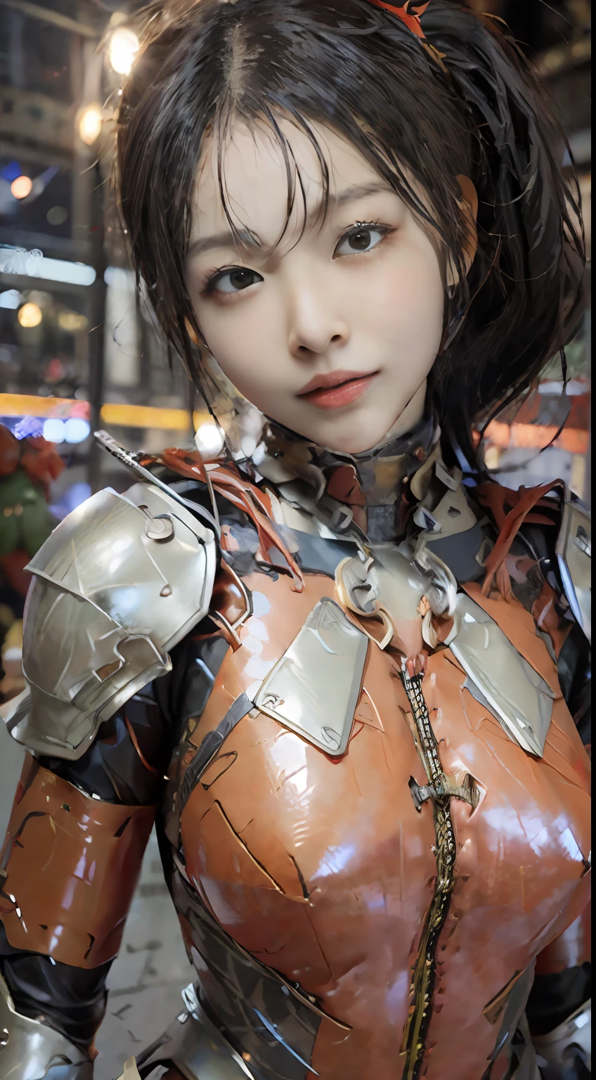 (Realistic:1.3)、((top-quality、8K、32K、masterpiece:1.3、Photopassive:1.3、hight resolution))、(((The whole picture:1.6、FULL BODYSHOT:1.6、longshot、profetional lighting、Reflectors)))、no-makeup、 Girls、1girl in、cute little、with round face、Hairstyle is ponytail、Hair is disheveled、A detailed face、A detailed eye、The texture of the skin is realistic、Camera gaze、Look at viewers、(((The background is the city at night、Behind the building、intergalactic)))、(deep v neck、Red rubber suit、Red Cybersuit:1.8、Red Battlesuit:1.8)、(Sensual body lines:1.8、Big that are about to burst:1.3、Colossal tits:1.9、Overhanging udder:1.9、Accentuated cleavage、well-shaped breasts、Feminine body line)、(((Wearing mechanical armor:1.2、full armor:1.6、gold cross、Blue Metal、dragon skin)))、Erotic Poses、Combat poses are created automatically、Automatic creation of battle scenes