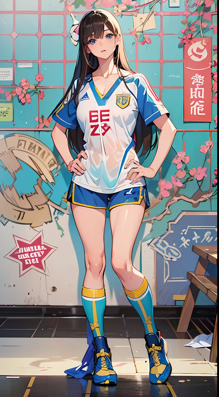 ((Masterpiece)), Best quality, absurderes, Ultra detailed, holograph, Cowboy shot, Dynamic pose, Golden ratio, Super cute girl, Mature girl, Extremely beautiful, Super beautiful asian girl with super beautiful navy blue eyes, Super nice brunette hair, Shiny skin,  Nice sexy body, Slim and delicate body, Perfect body, Skinny print short-sleeved top,shorter pants、Stockings、soccer player、(((Full body like、standing on your feet、head to toe)))