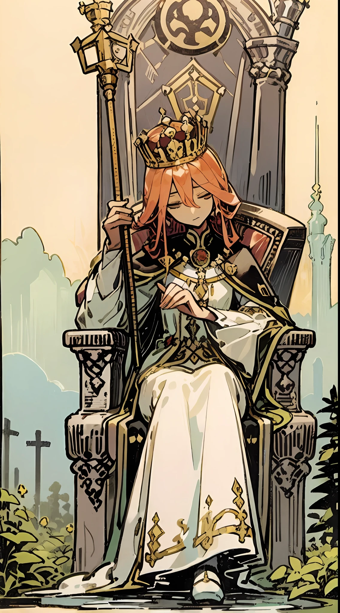 tarot card, the empress, woman, pillow throne, crown, scepter, outdoors, garden