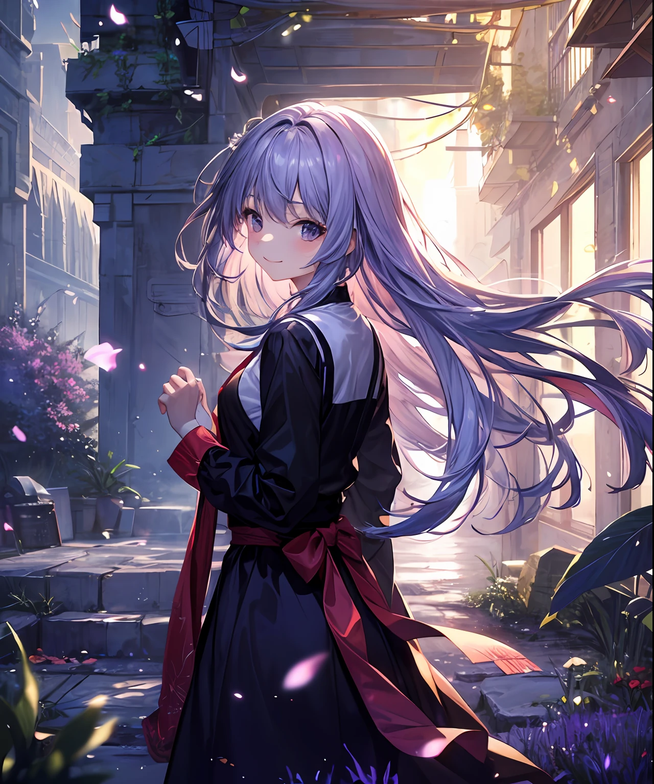 (​masterpiece、top-quality)、frontage、独奏、1girl in、lightly dressed、is standing、Hands folded behind your back、amidst nature、A smile、The long-haired、Light purple hair、Hair flutters in the wind、with light glowing、Windy、Adult、