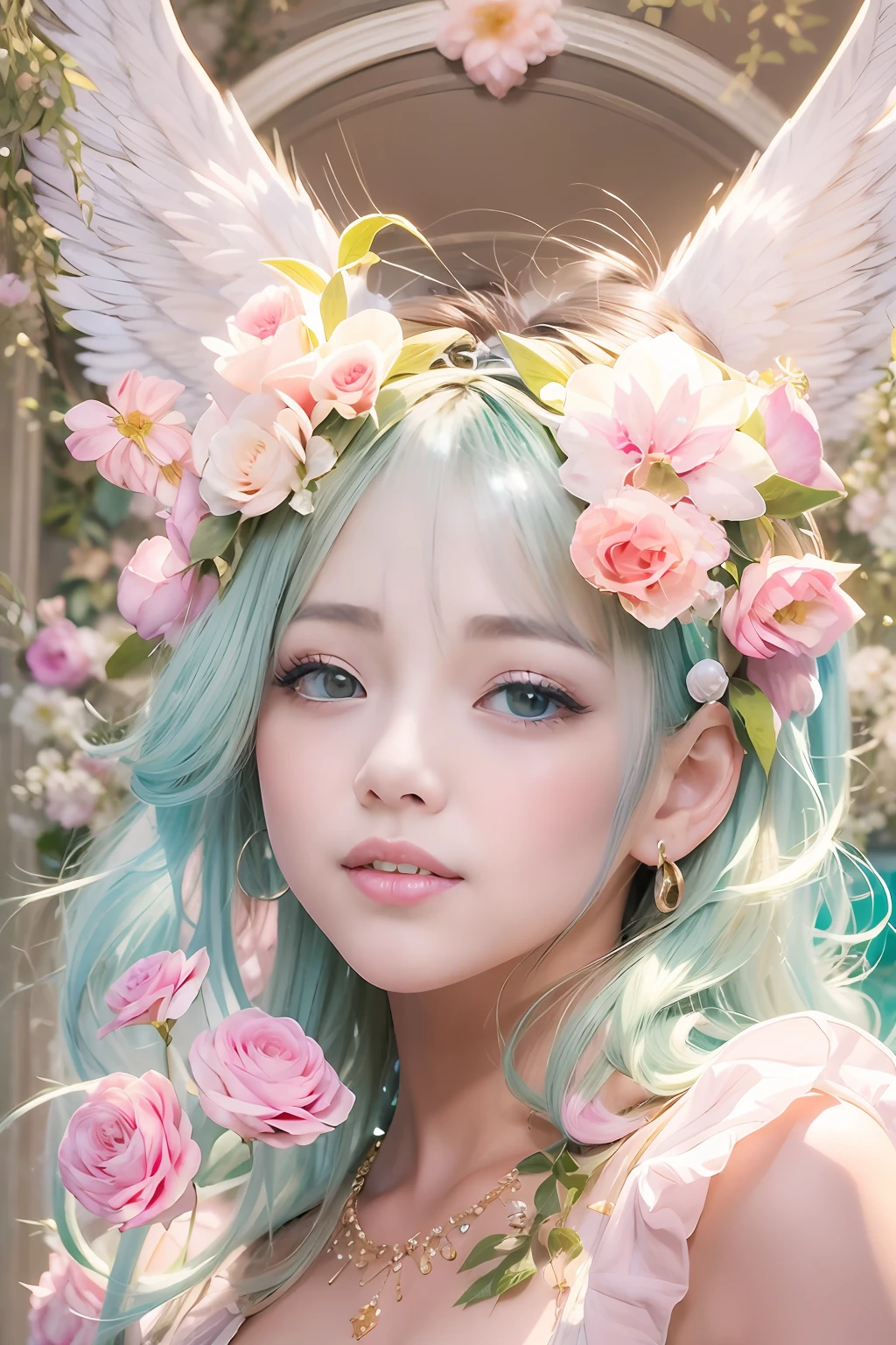 lightbrown hair、Intense crystal light blue eyes、耳Nipple Ring、kawaii、Pale pink color illustration、(Angel wings、😇、a smile、😌🥰Archaic Smile).hyper realstic、Ultra-realistic、Depiction of the human body without distortion、Monna Lisa、Woman in the Arms、Near and far law、Three-dimensional、Contemporary painting、moderno、world masterpiece、collection、Homage to the art or artist work of Picasso and Renoir, Not sentimental、Excellent portrayal、Gentle expression、More detailed character faces, Serious competition、Compositions like paintings、(Konmutsuki_Gacha_Series 1, punk_rosette), Realistic、Delicate brushwork、aqua color flowers, (Full body, elegant flowers background)