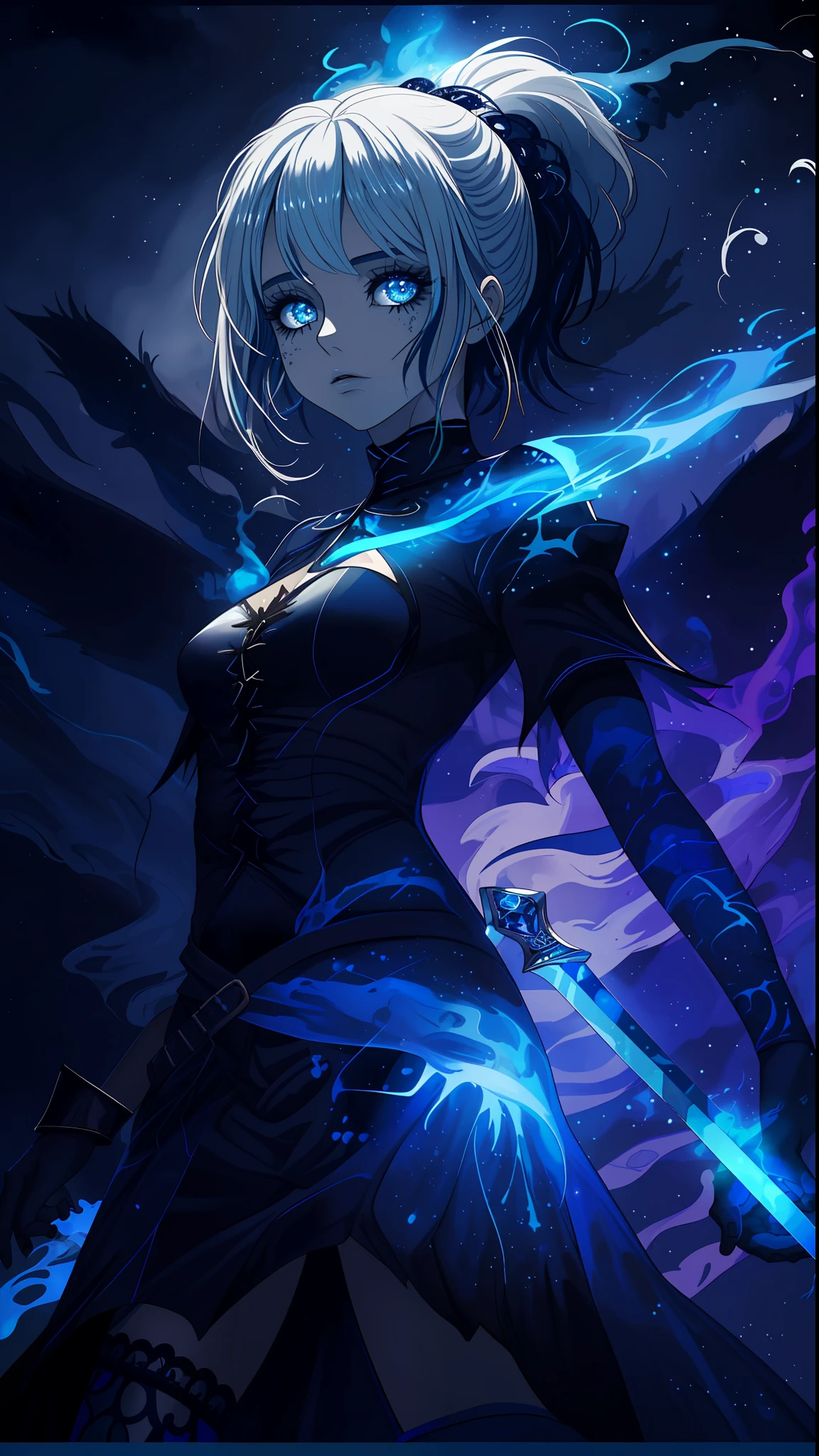 fogo azul, fire, brilhante, Hitodama, Magic, Spirit, 1girl, cabelos longos, olhos brilhantes, ghost, pessoal, tema azul, vestir, arma, monstro, espada