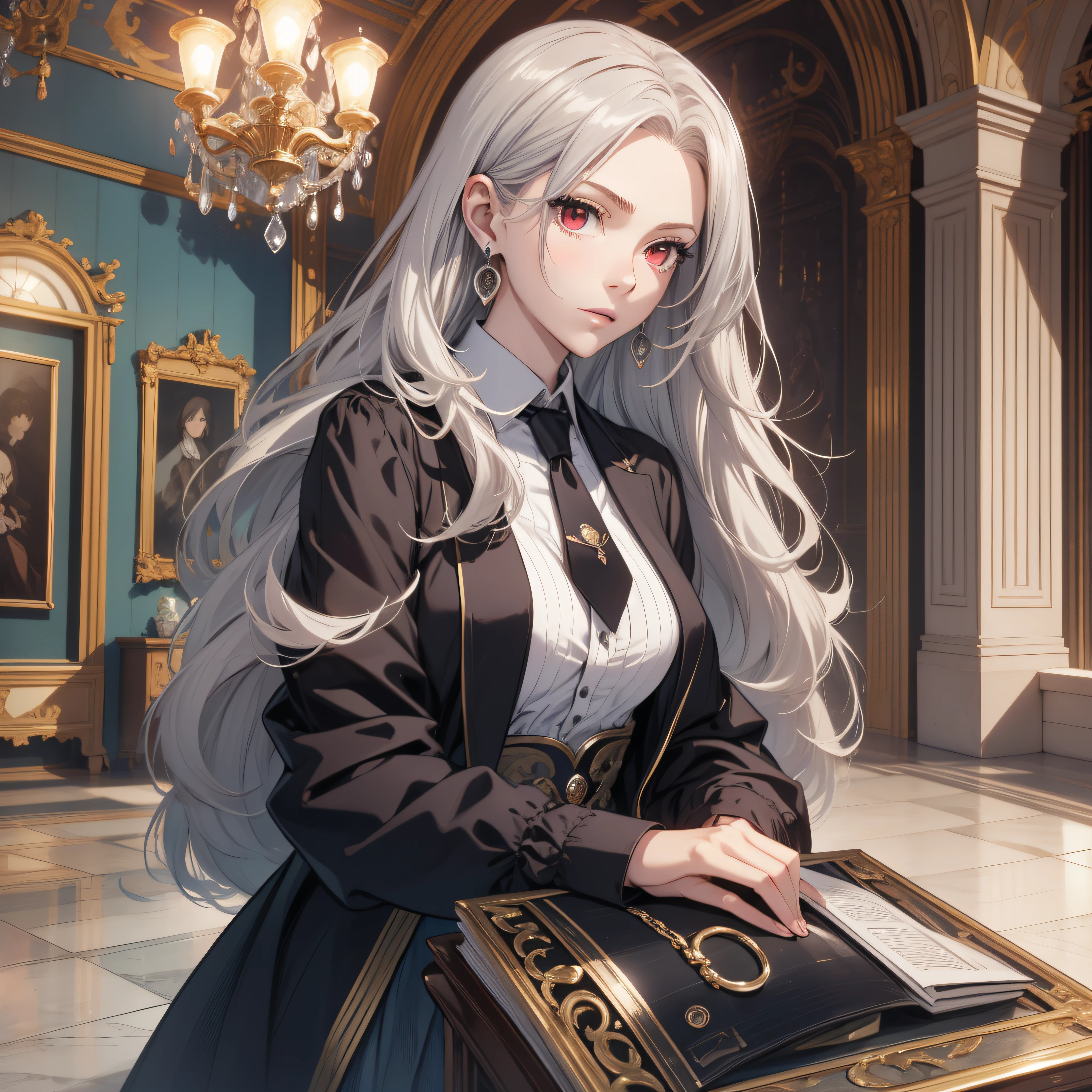 (best quality, masterpiece, ultra-detailed, extremely detailed, highres), (1girl, single, solo), 18 years old Anime girl, silver hair, long raven hair, slightly wavy hair, parted bangs, Magus, red eyes, diamond earrings, long black coat, necktie, white shirt, black skirt, aristocrat, noble attire, beautiful, ethereal, elegant, prestigious, classic, royal building, natural lips, magic school