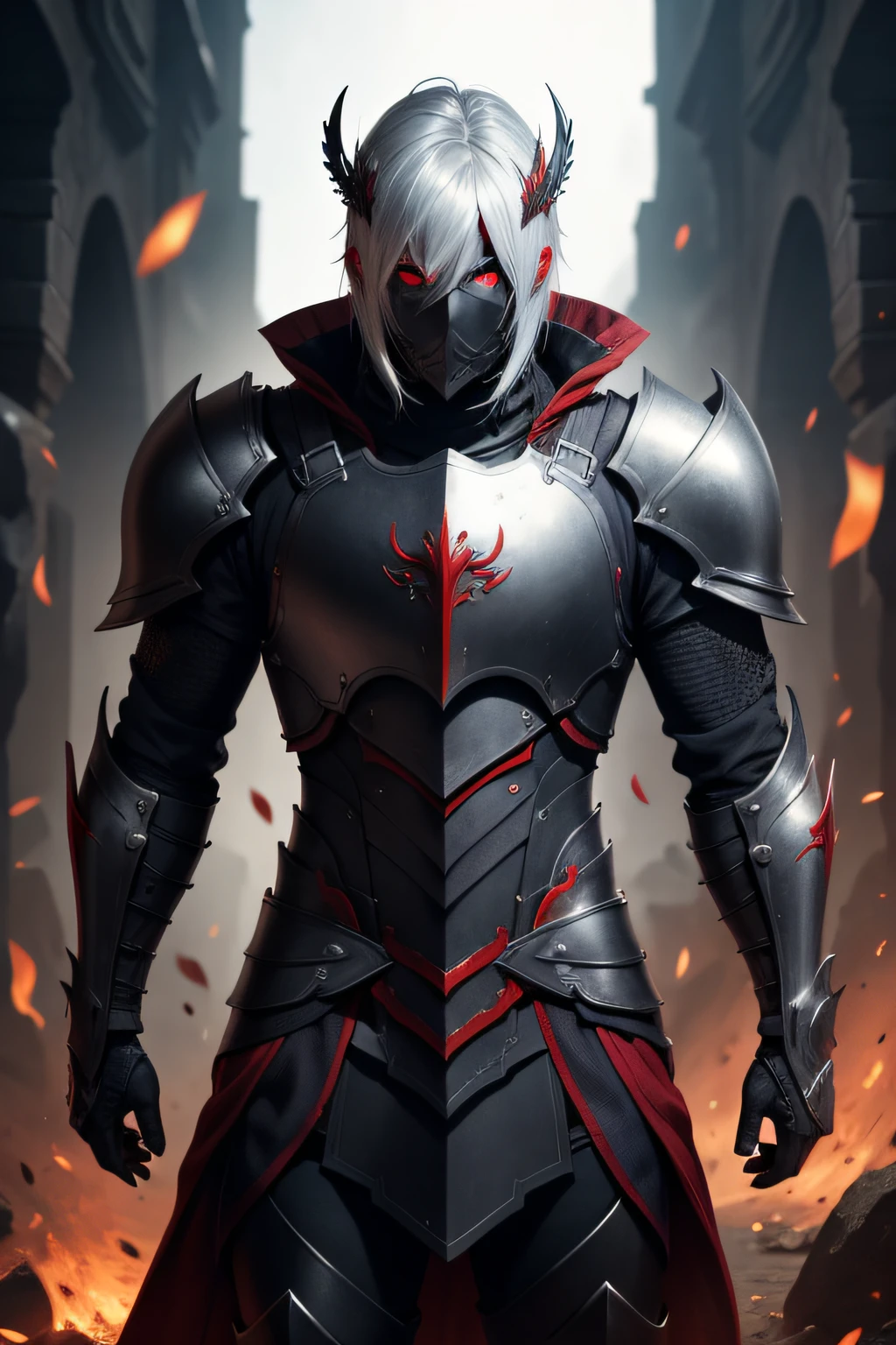 Male, dark plate armor, red eyes,