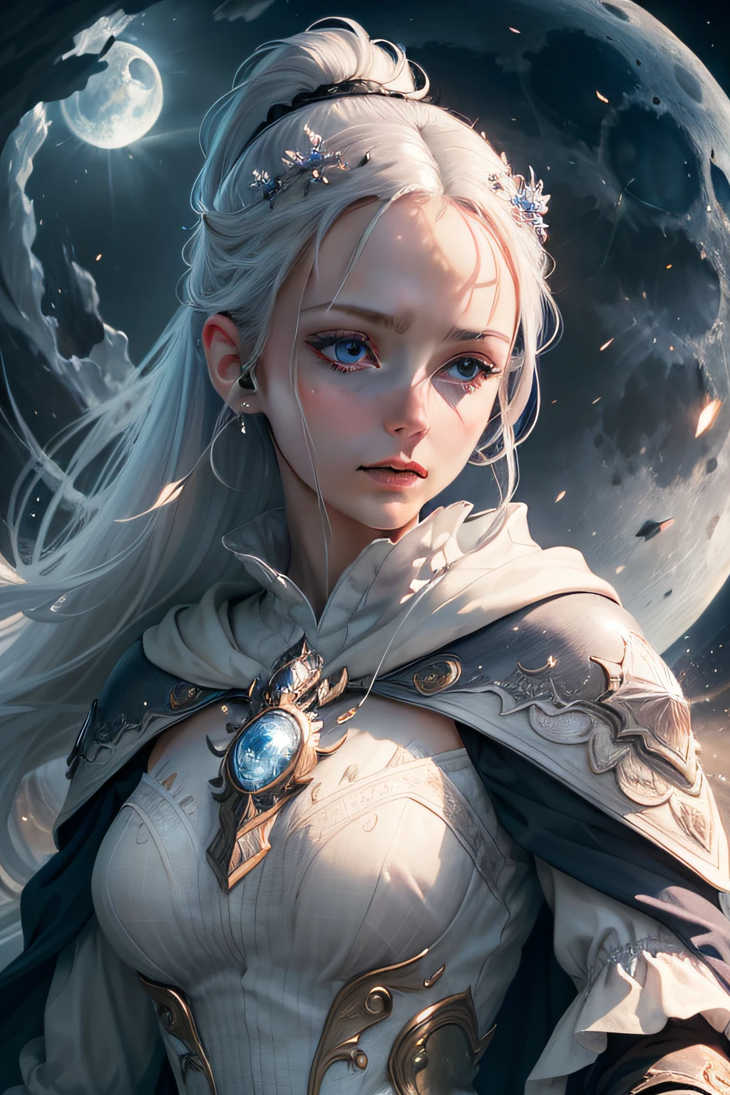masterpiece, (best quality:1.2), (ultra-detailed:1.2), illustration, (an extremely delicate and beautiful:1.2),cinematic angle,floating, (beautiful detailed eyes:1.1), (detailed light:1.1),cinematic lighting, beautifully detailed sky, women, white hair, blue eyes, (high ponytail:1.1), cloak, glowing eyes, (moon:1.2), (moonlight:1.1), starry sky, (lighting particle:1.1), fog, snow painting, sketch, bloom