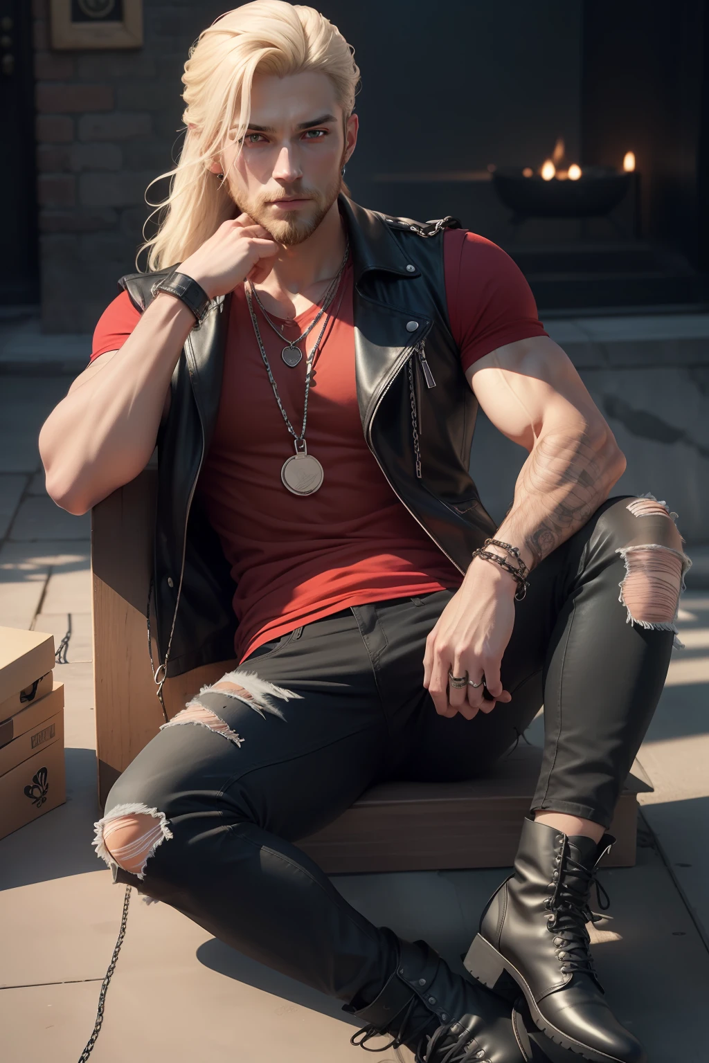 Male, vampire, muscular, Long Blonde hair with a ponytail and full blonde beard, red shirt with rolled up sleeves and a black vest over the top, black ripped jeans, black leather boots, black half gloves, black leather bracelet right arm, Simple black chain Necklace and Dog Tag Necklace with Black chain, Ghost white skin, Crimson colored eyes