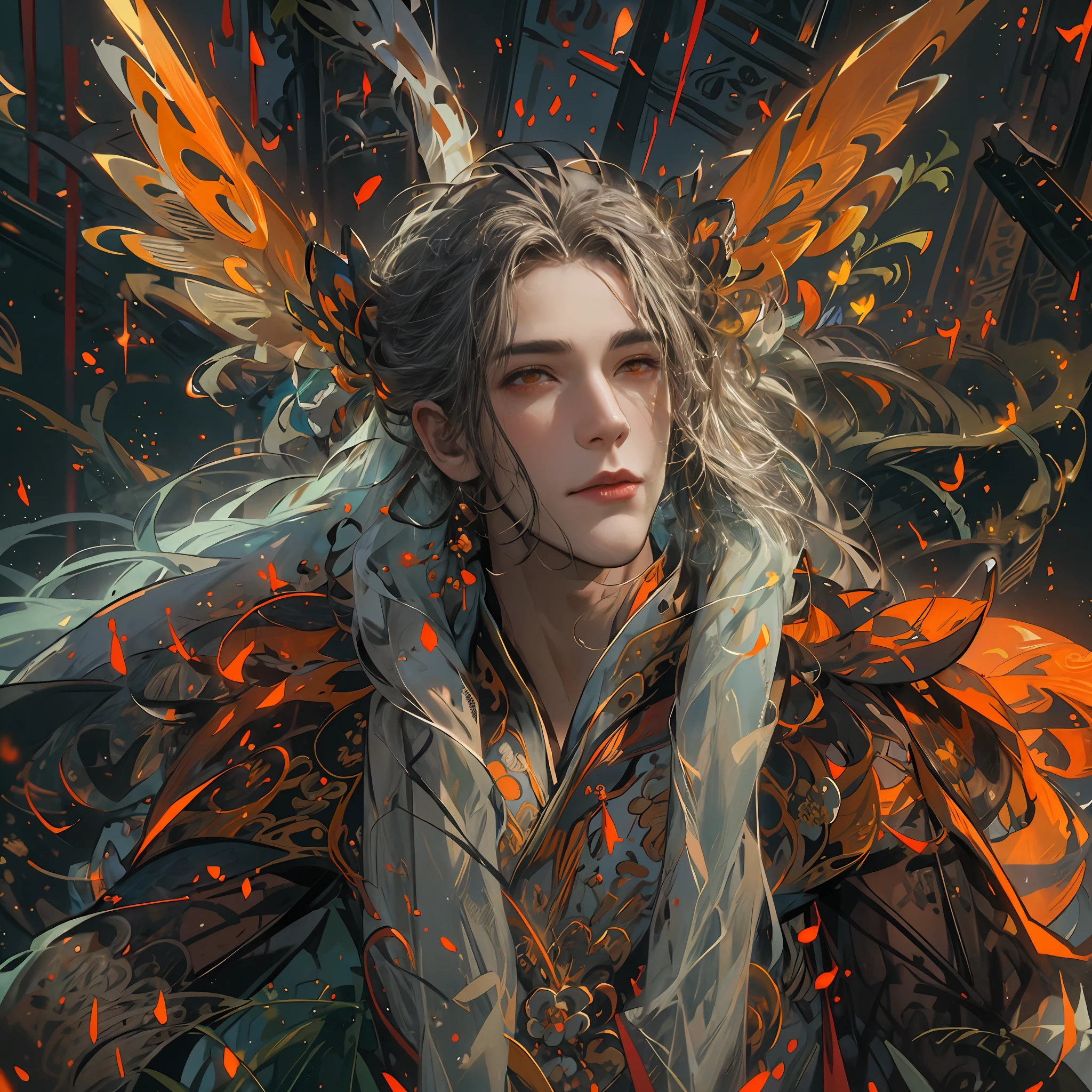 1boy，Ancient fairy costumes，Orange eyes，Long flowing hair，Handsome face，Cool，Cold，Semi-realistic,Meticulous facial features,Wearing exquisite fairy costumes,NSFW,tmasterpiece,Need,super-fine,best qualtiy，Unreal 5，rendering by octane