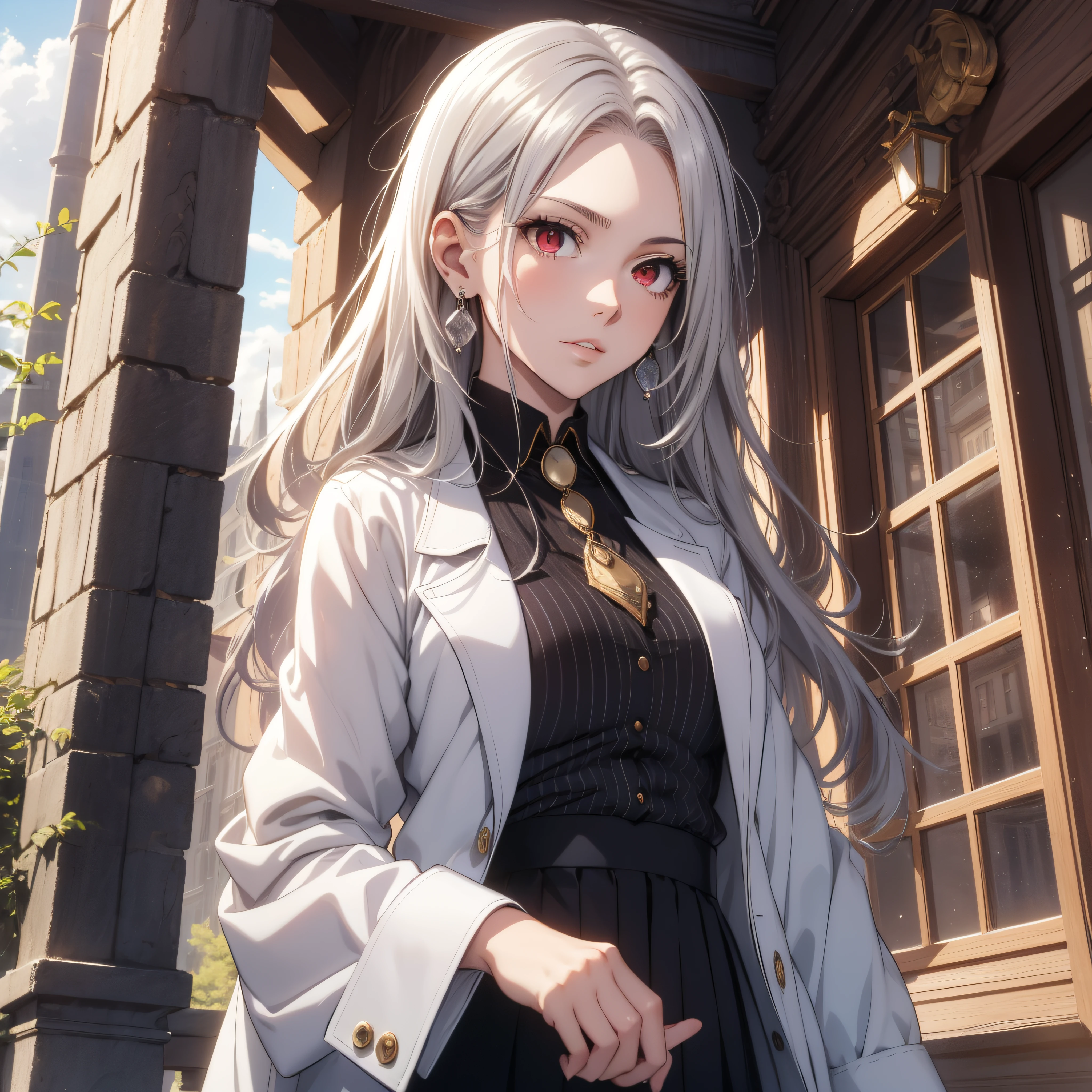 (best quality, masterpiece, ultra-detailed, extremely detailed, highres), (1girl, single, solo), 18 years old Anime girl, silver hair, long raven hair, slightly wavy hair, parted bangs, Magus, red eyes, diamond earrings, long black coat, necktie, white shirt, black skirt, aristocrat, noble attire, beautiful, ethereal, elegant, prestigious, classic, royal building, natural lips, magic school