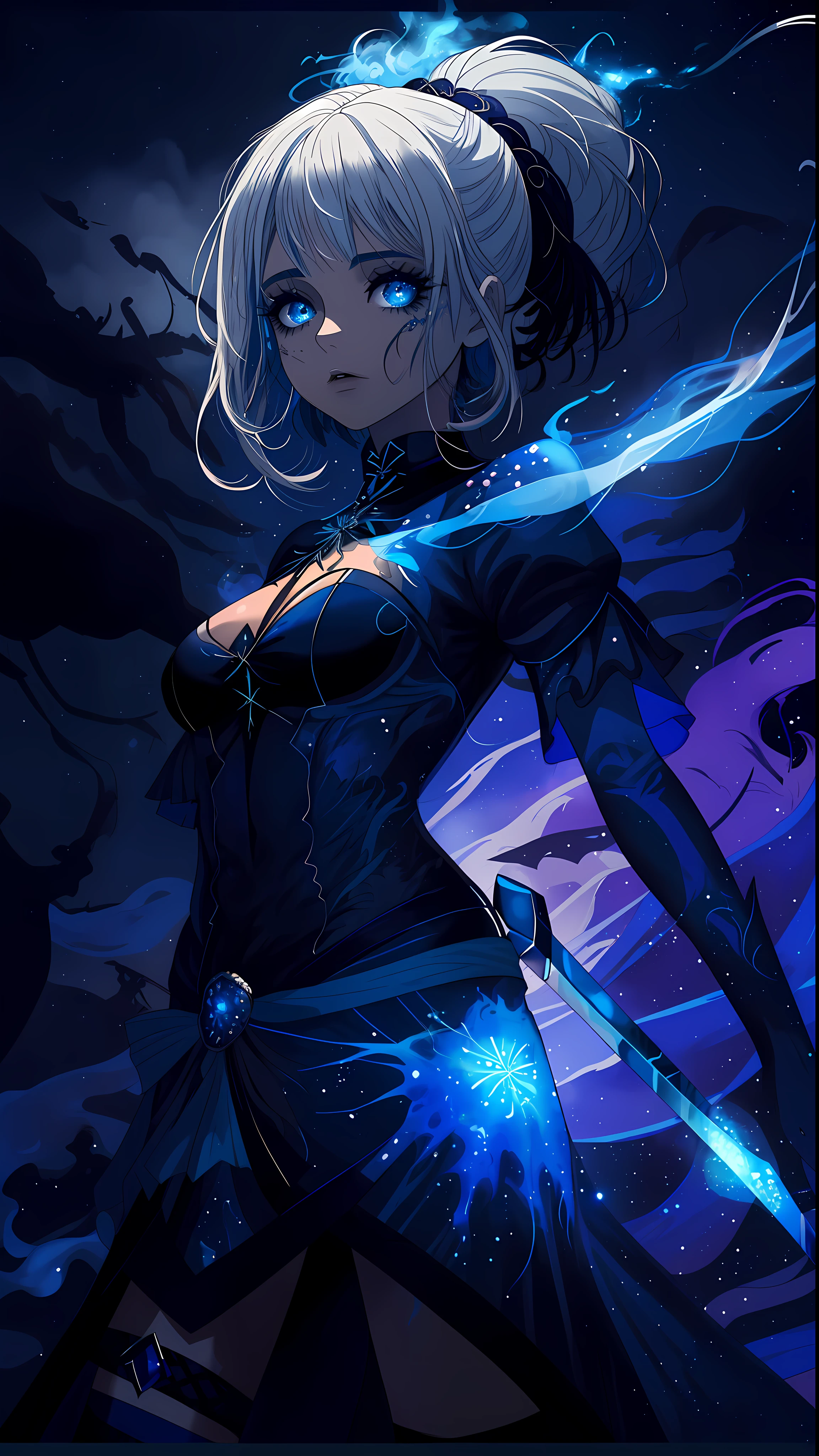 fogo azul, fire, brilhante, Hitodama, Magic, Spirit, 1girl, cabelos longos, olhos brilhantes, ghost, pessoal, tema azul, vestir, arma, monstro, espada