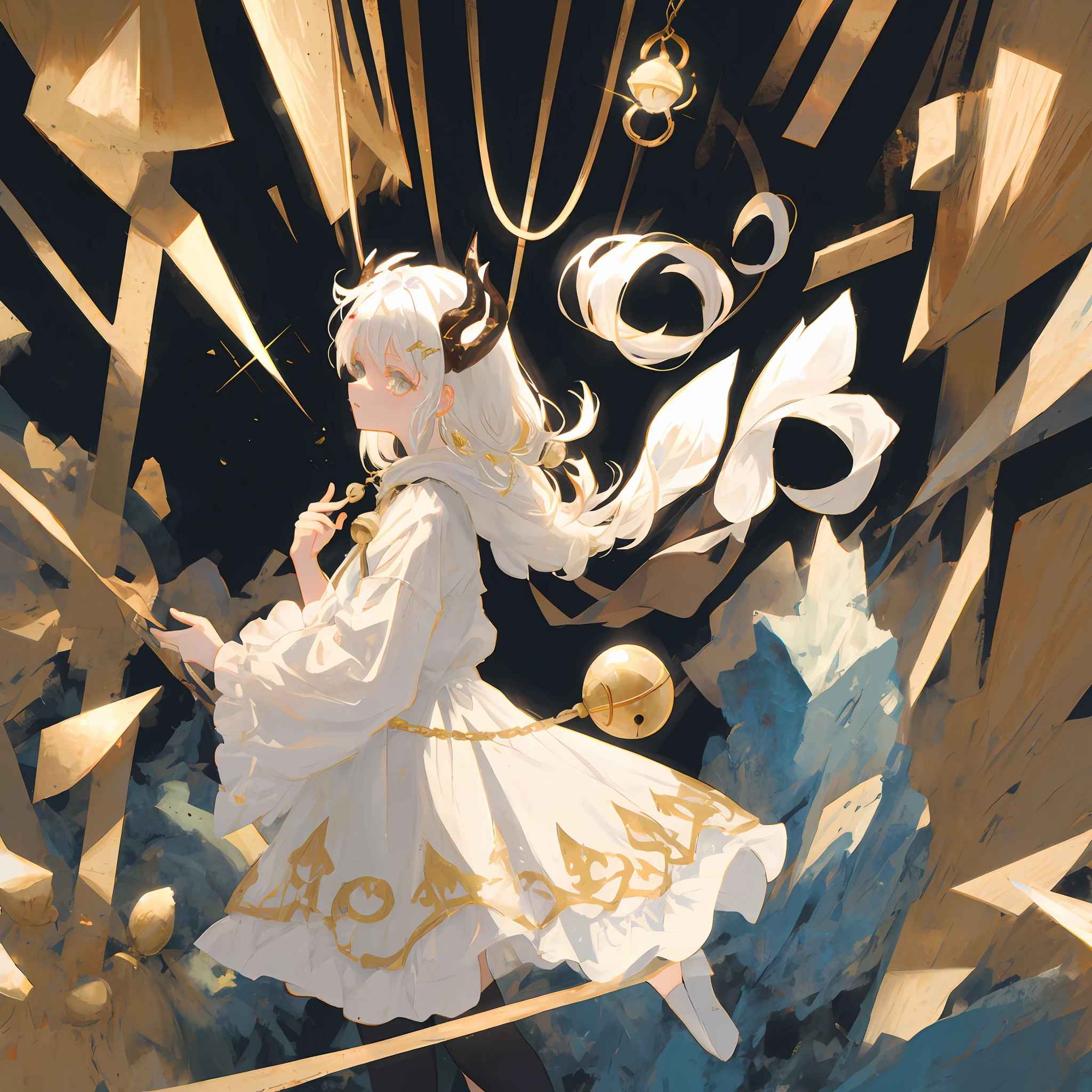 White-haired dragon horn loli，Wearing a white dress with gold bells，Gold jewelry，quadratic element，Blackened