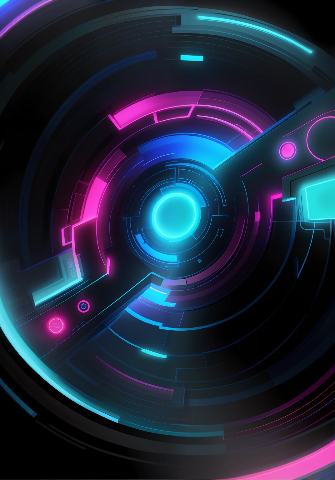 Paint a picture full of technology，The background is a dark blue circle，It is surrounded by neon-pink and blue rings，Depict mechanical portals。