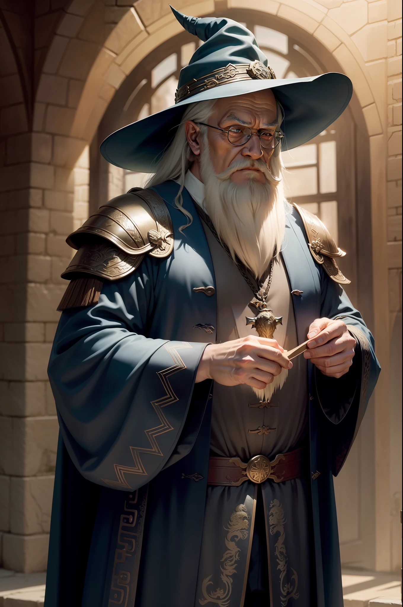 Man,dumbledore,A old man,Big chest,wearing an outfit,He wears Chinese dragon armor,Wears a crocodile head hat