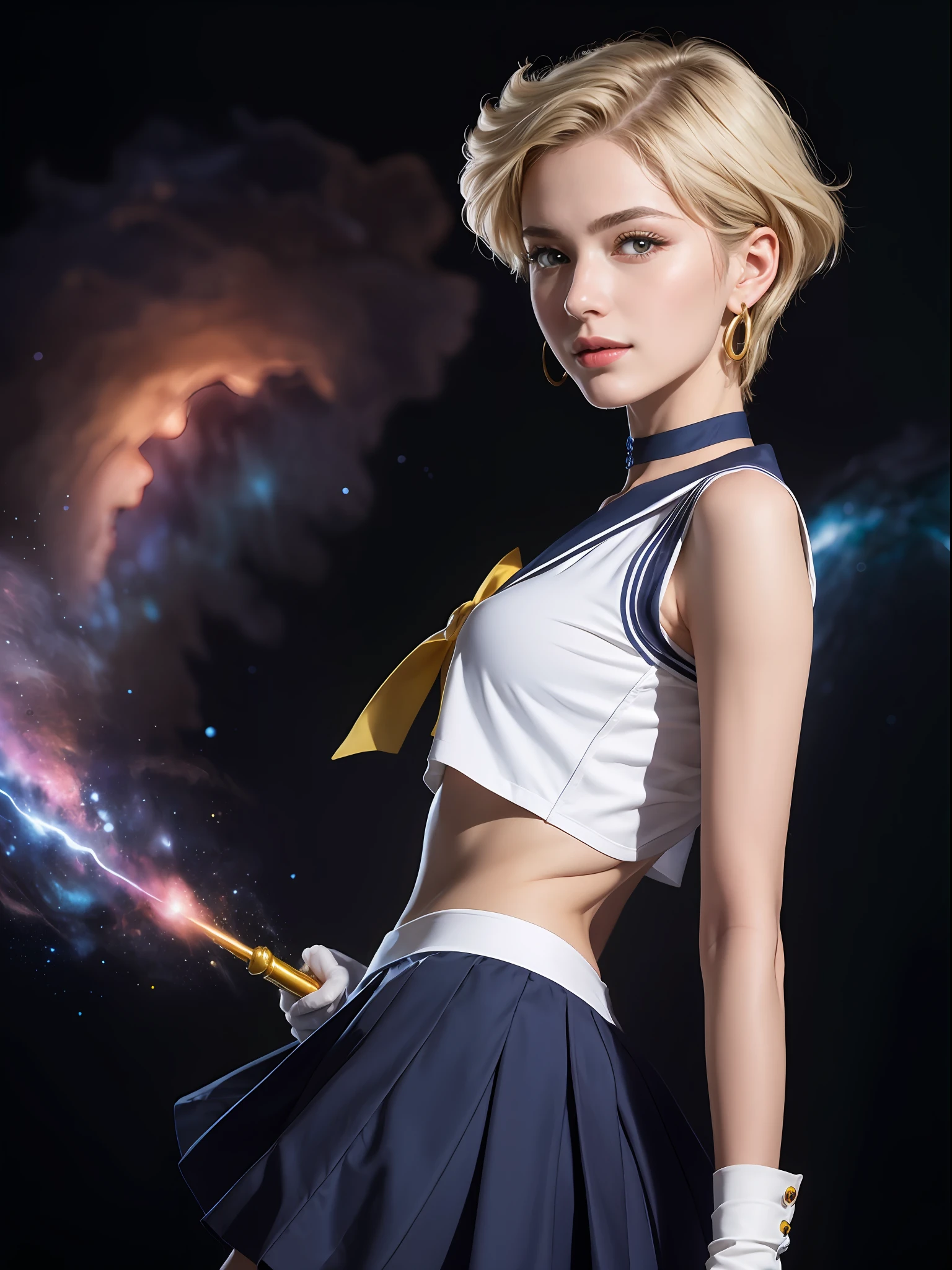 (masterpiece, best quality:1.4), (nebula background), (full body:1), (from back:1.5), (erotic pose:1), (1girl), solo, (european youth:1), sailor uranus, mature woman, large breasts, (soft blue eyes), blonde hair, (very short hair:1), (sailor senshi uniform), (sexy ass:1), sexy smile, sailor collar, chest bow, back bow, plead skirt, white elbow gloves, beautiful face, highly detailed face, highly detailed eyes, highly detailed skin, skin pores, subsurface scattering, realistic pupils, full face blush, full lips, detailed background, depth of field, volumetric lighting, sharp focus, absurdres, realistic proportions, good anatomy, (realistic, hyperrealistic:1.4), 16k hdr,