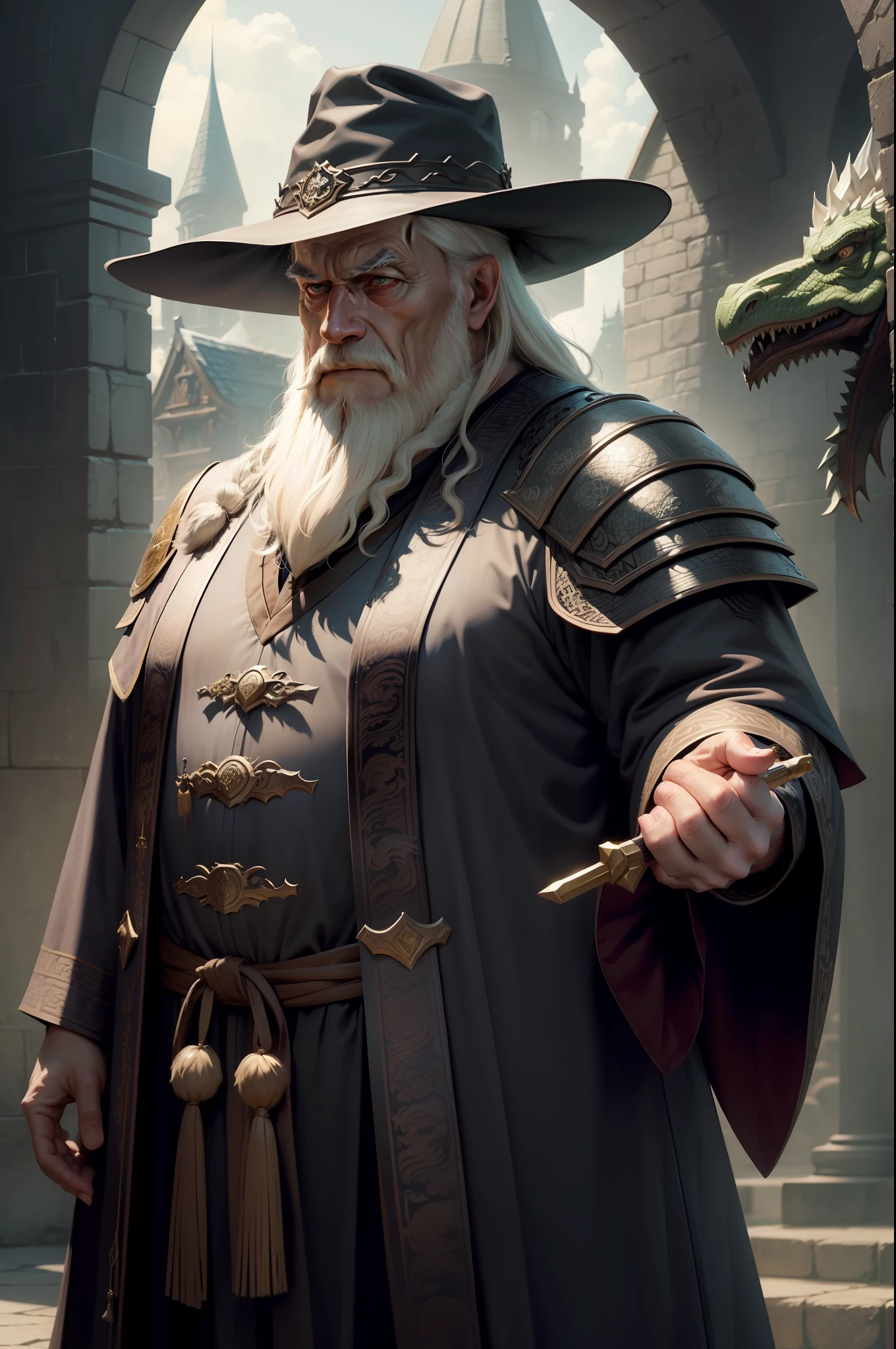 Man,dumbledore,A old man,Big chest,wearing an outfit,He wears Chinese dragon armor,Wears a crocodile head hat