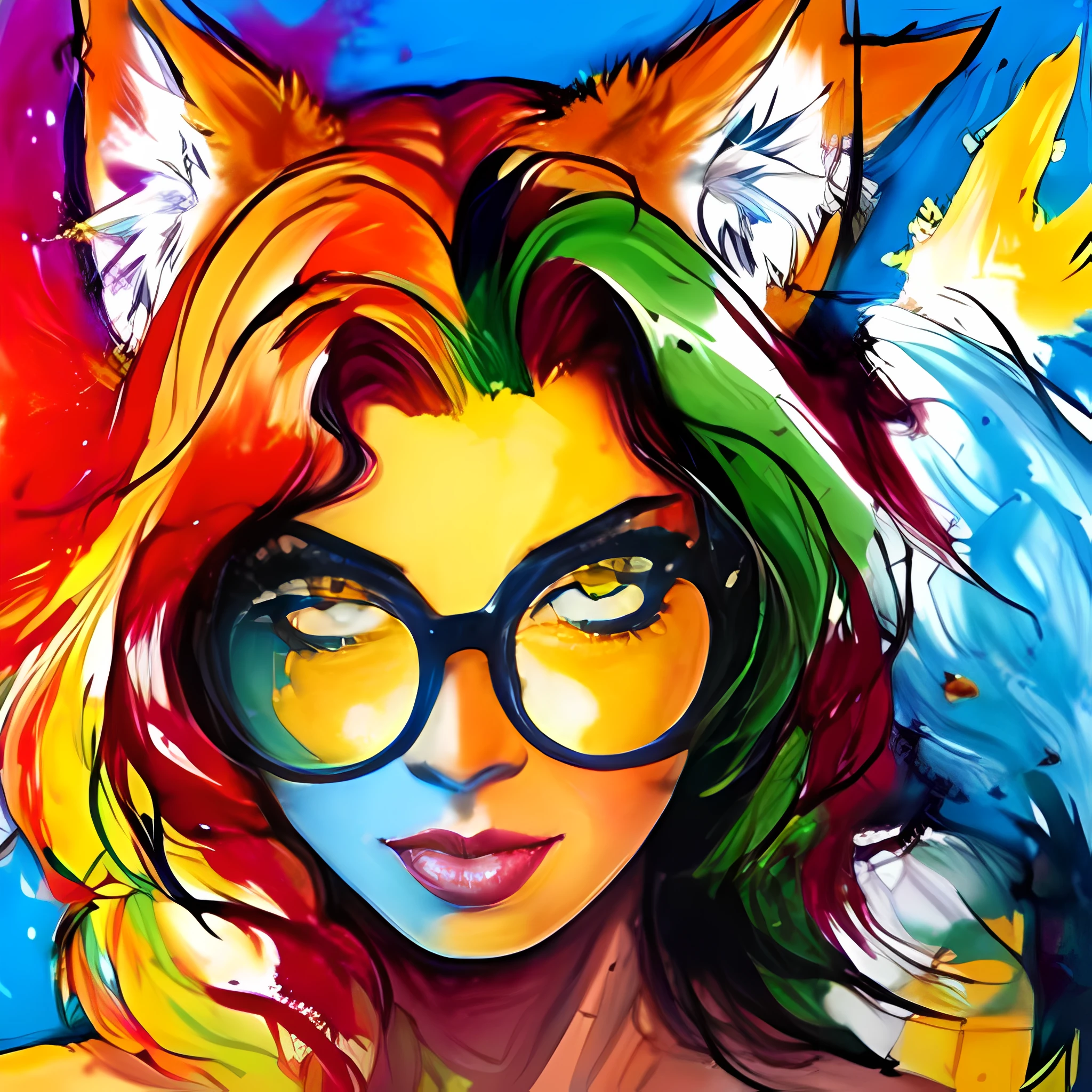 masterpiece, 1girl, wolf ears, animal ear fluff, tail, dark skin, orange hair, yellow eyes, glasses, office lady,  inkpun,inkpun,  paint splatter, splatter,dripping,  colorful