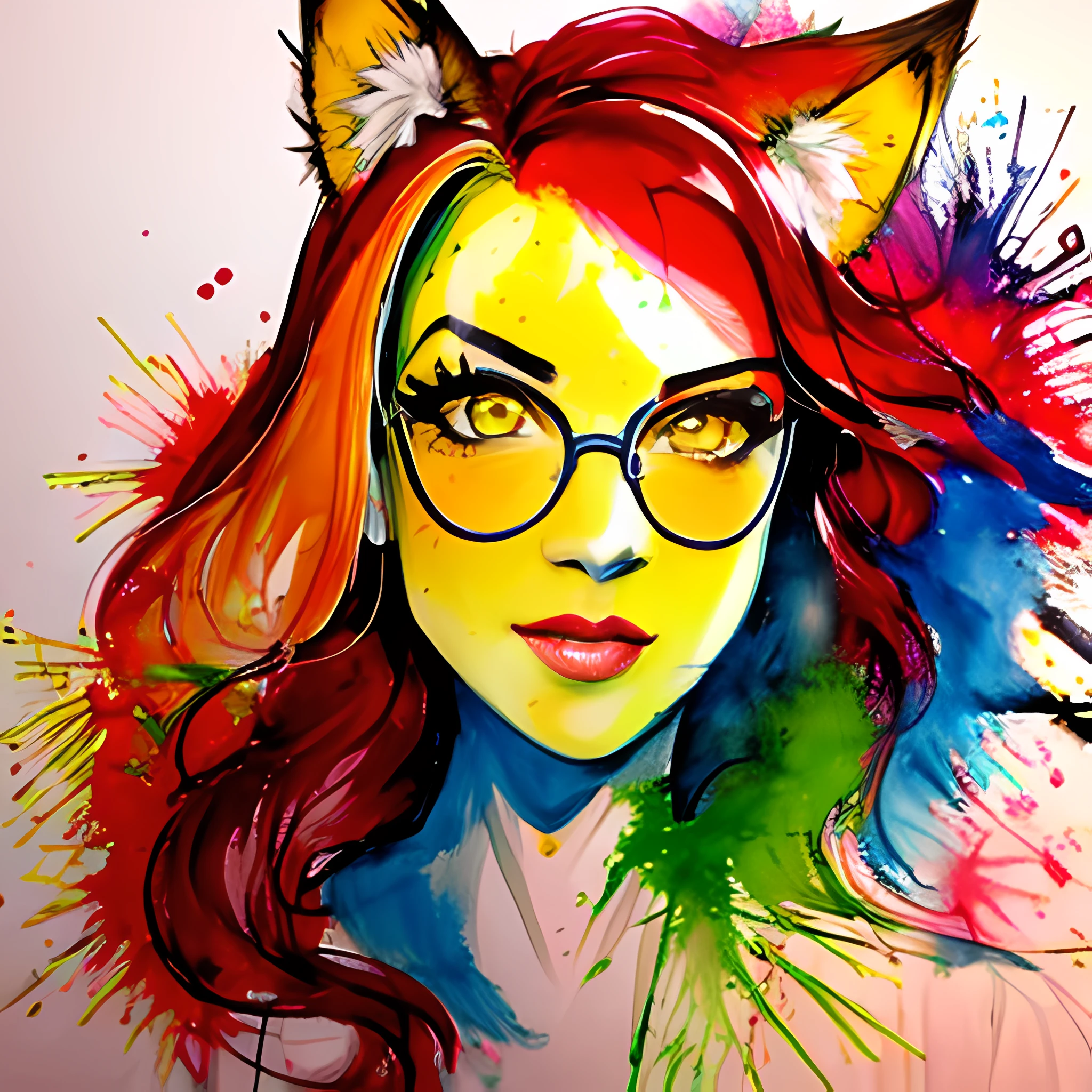 masterpiece, 1girl, wolf ears, animal ear fluff, tail, dark skin, orange hair, yellow eyes, glasses, office lady, inkpun,inkpun, paint splatter, splatter,dripping, colorful