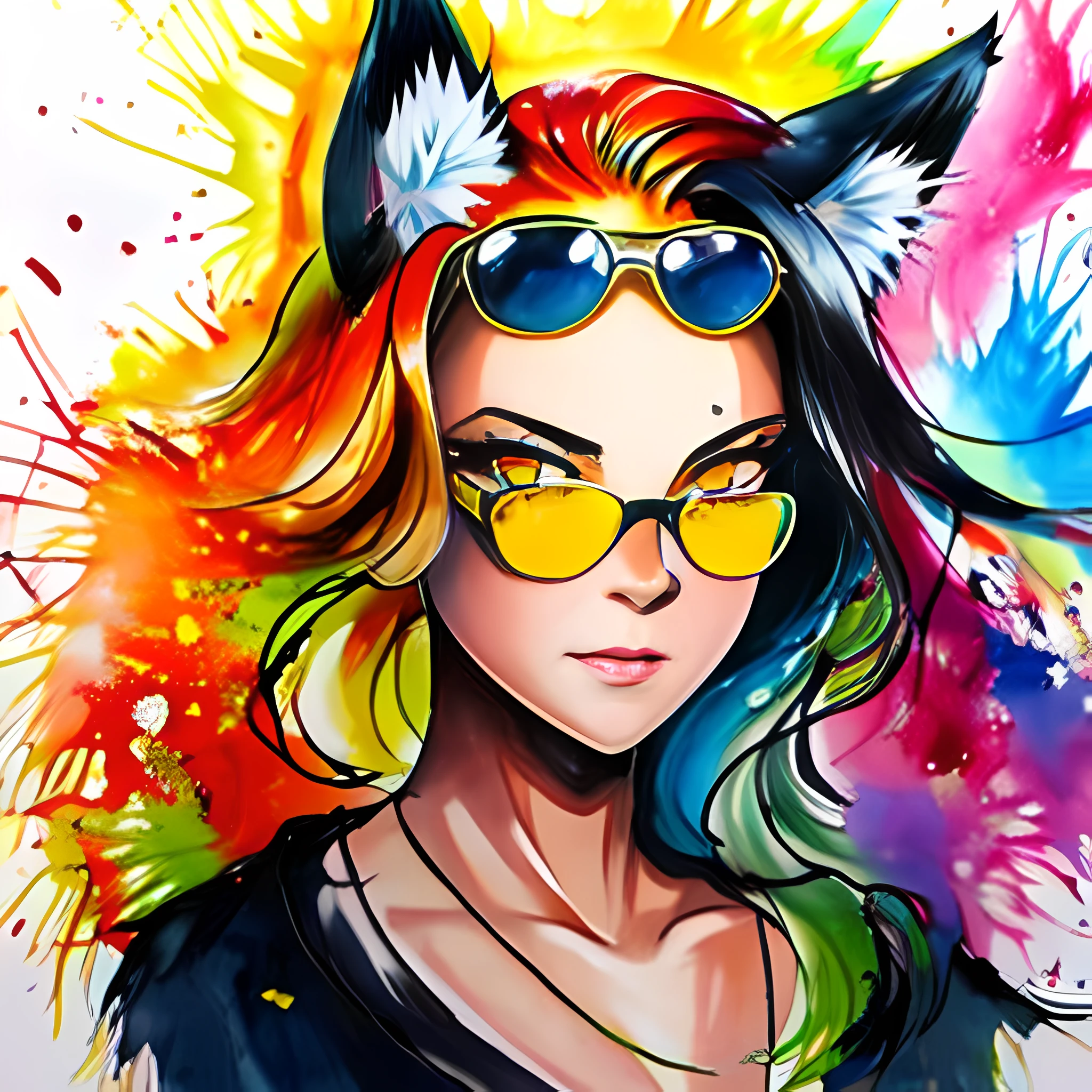 masterpiece, 1girl, wolf ears, animal ear fluff, tail, dark skin, orange hair, yellow eyes, glasses, office lady,  inkpun,inkpun,  paint splatter, splatter,dripping,  colorful