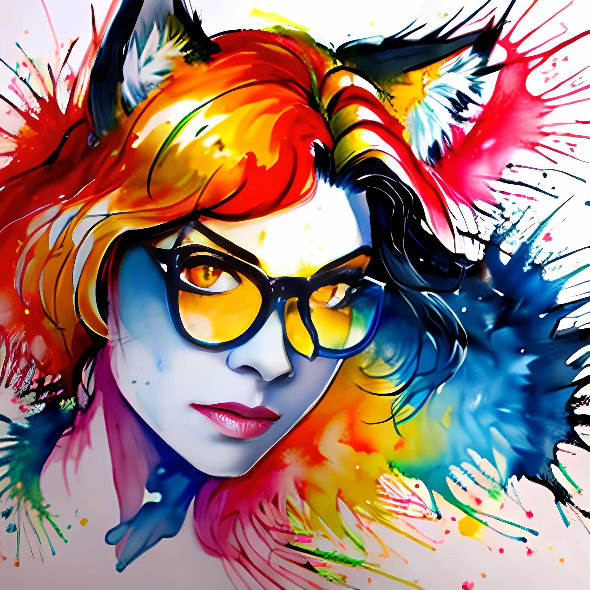 masterpiece, 1girl, wolf ears, animal ear fluff, tail, dark skin, orange hair, yellow eyes, glasses, office lady,  inkpun,inkpun,  paint splatter, splatter,dripping,  colorful