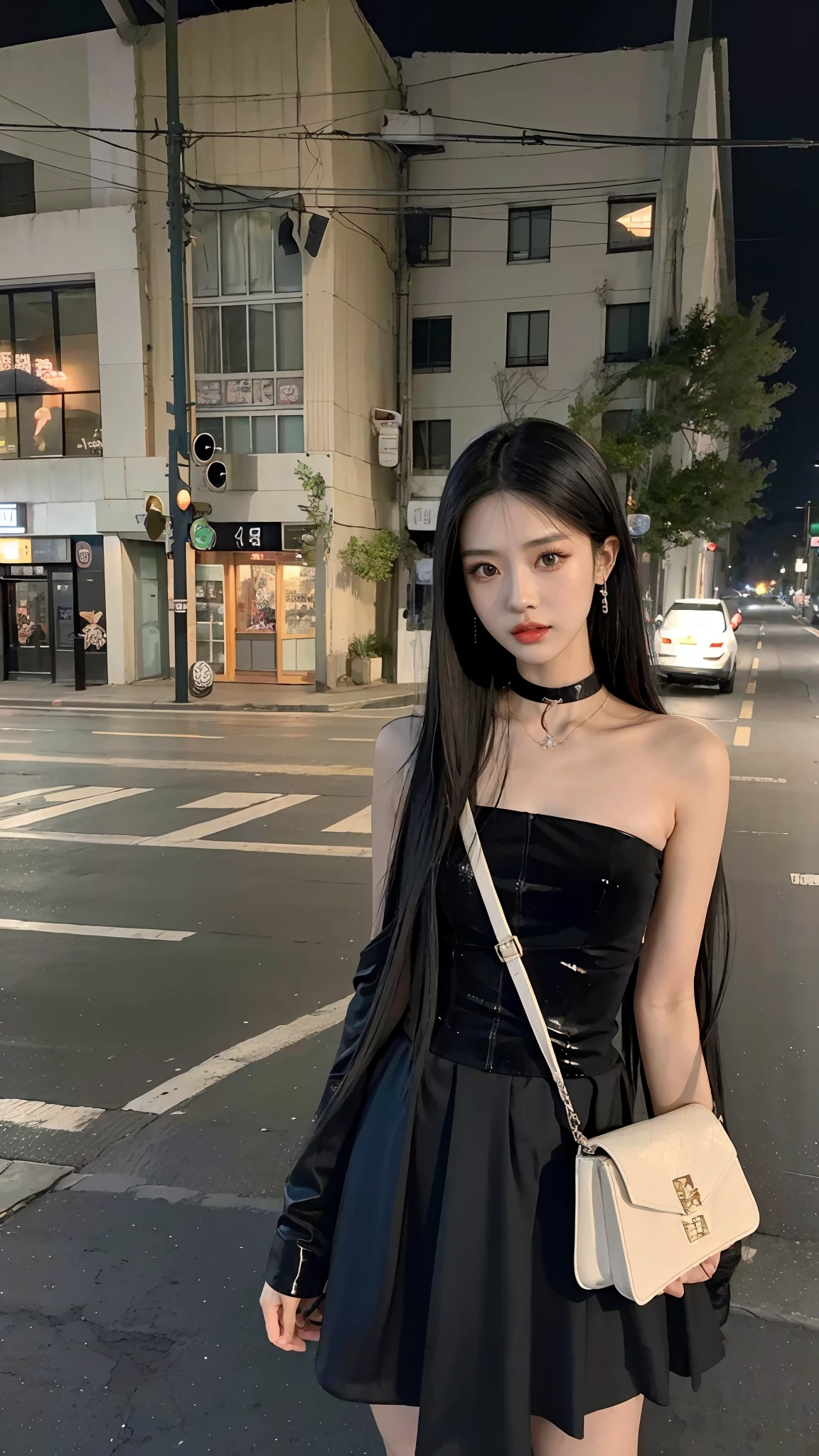 Alapi woman in black dress standing on a street corner, Bandeau dress, cruel korean goth girl, Asian girl with long hair, photo of slim girl model, full-body xianxia, photo of slim girl, jisoo from blackpink, Chinese girl, Anime girl wearing black dress, She has black hair,By bangs, wearing black camisole outfit
