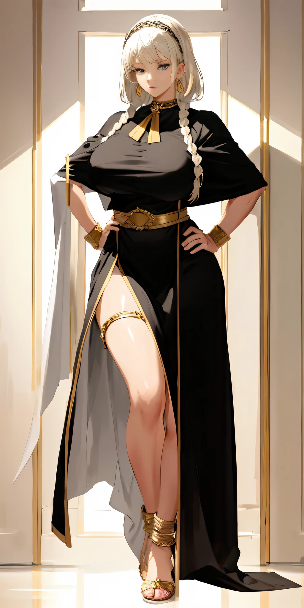 (Masterpiece), full body of a cleric female, big , detailed face, smooth skin, full portrait, standing straight, shackles on arms and legs, black chocker on neck, SFW, WHITE TOGA and18, earrings
