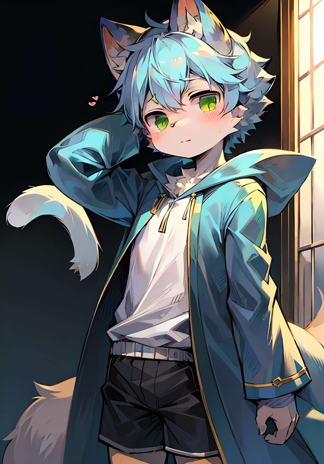 Cat ears,Cat-eared type,Big furry tail,tmasterpiece,High-quality portrait,Humanity,Cubs,An only boy,posing on a,full-shot,Sky blue coat,grey shorts,Yellow cape,white shirt,Super cute even ,Green eyes,is shy