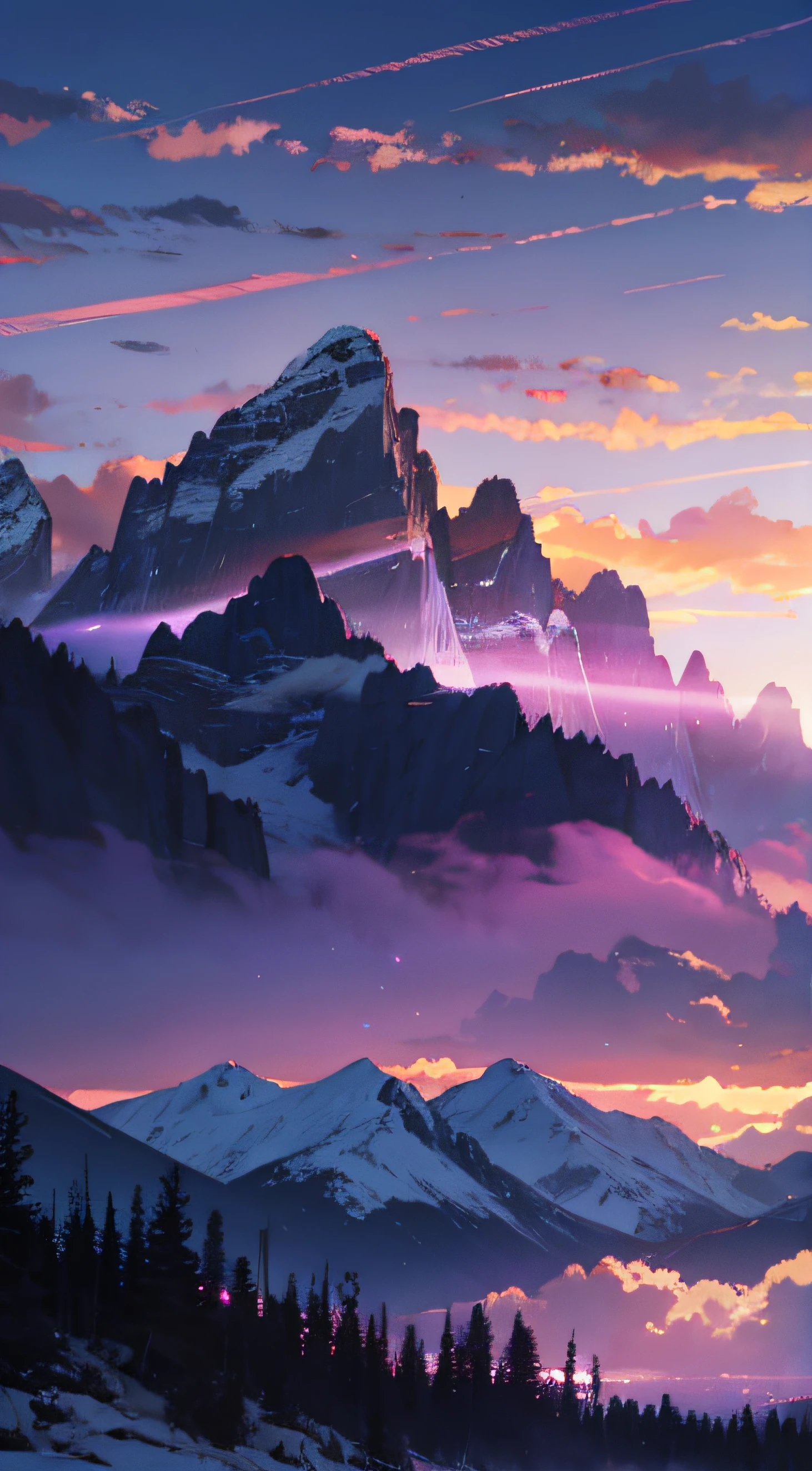 scenecy,fond violet,Purple clouds,Looming mountain peaks,Purple tones, tmasterpiece, best qualtiy, 8k, rays of sunshine, ssee-through, depth of fields, A high resolution, finedetail, ultra - detailed, Sharp focus