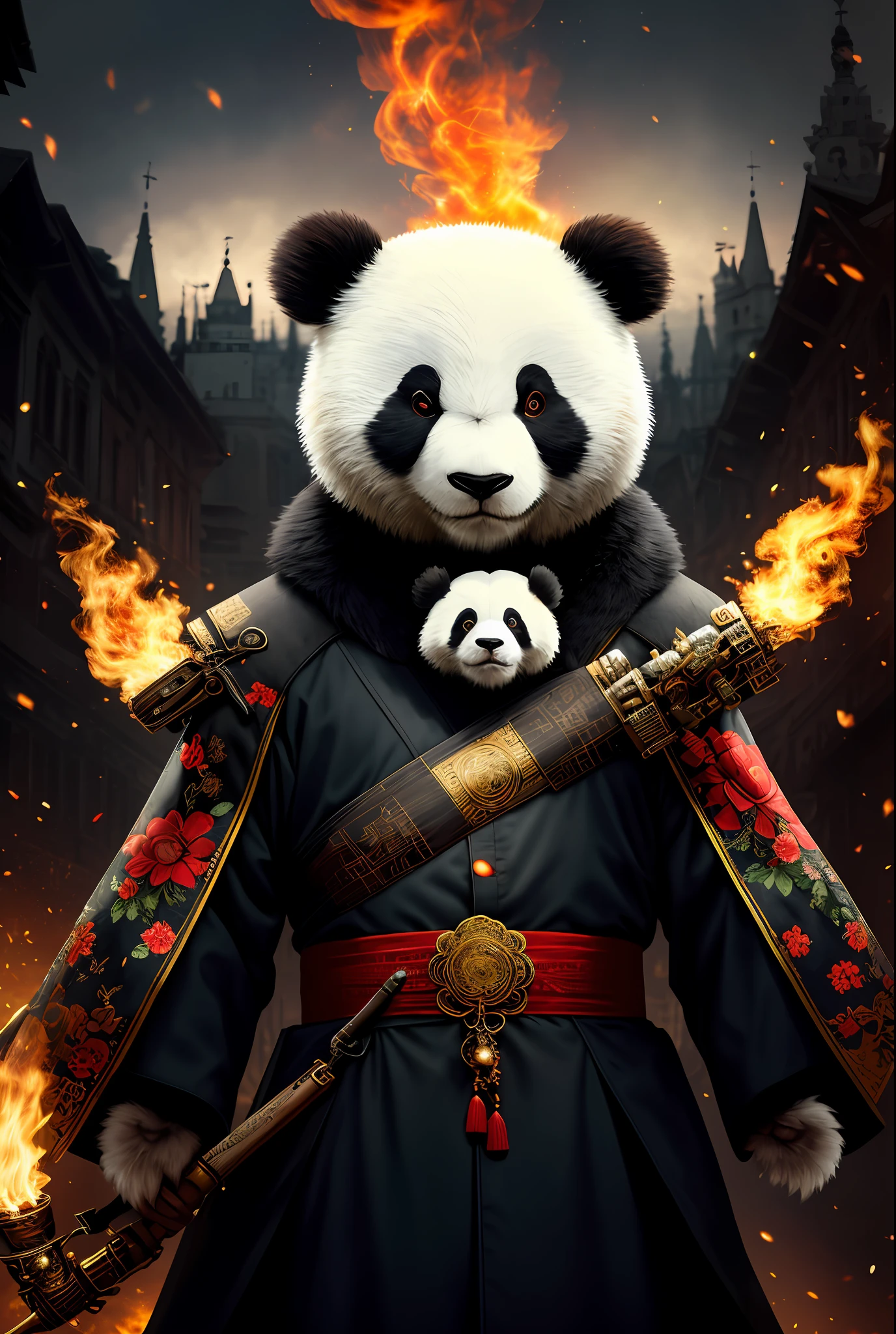 extremely detailed 8k wallpaper), intricate, richly detailed, dramatic, Panda bear with white kimono, ready for combat, Sinister face is drawn with only a pair of red eyes peeking underneath, graphics insanely, light is reflected in the ornaments, bright ashes ooze from the torches in the vaulted passage during the leisurely walk through the gloomy cathedral,  Show the whole person with some distance from the surroundings to get your own license.