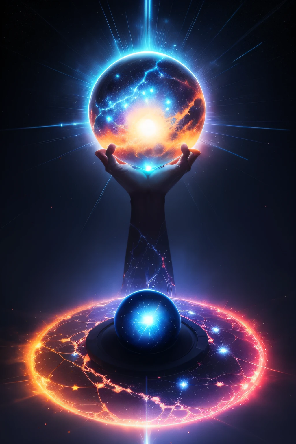 um close up de uma esfera com uma estrela brilhante no meio, esfera brilhante, esferas de energia, Aura dourada brilhante, glowing magma sphere, magical glowing sphere in midair, aura de poder. circunstanciado, apocalyptic spherical explosion, The God Particle, aura de eletricidade, bright electric aura, emanating and flowing energy, electric aura with particles, explosion of mystical energy