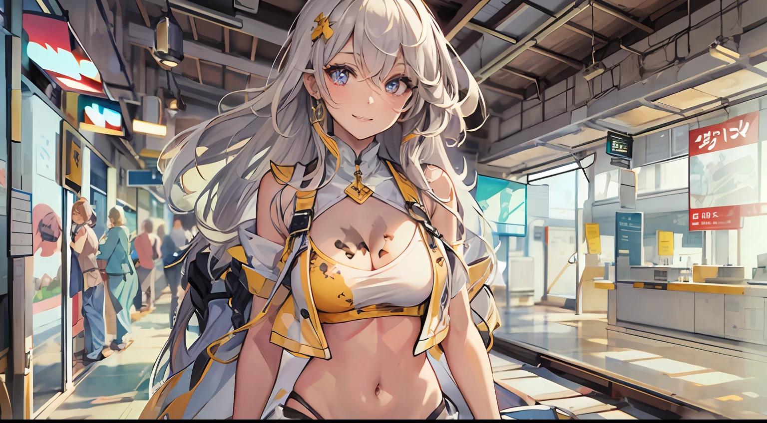 Collaboration between digital art and ink painting, Beautie,Smiling with colored contacts in her eyes, Full body,Walking with a thigh, longshot , The background is the inside of the station in summer
