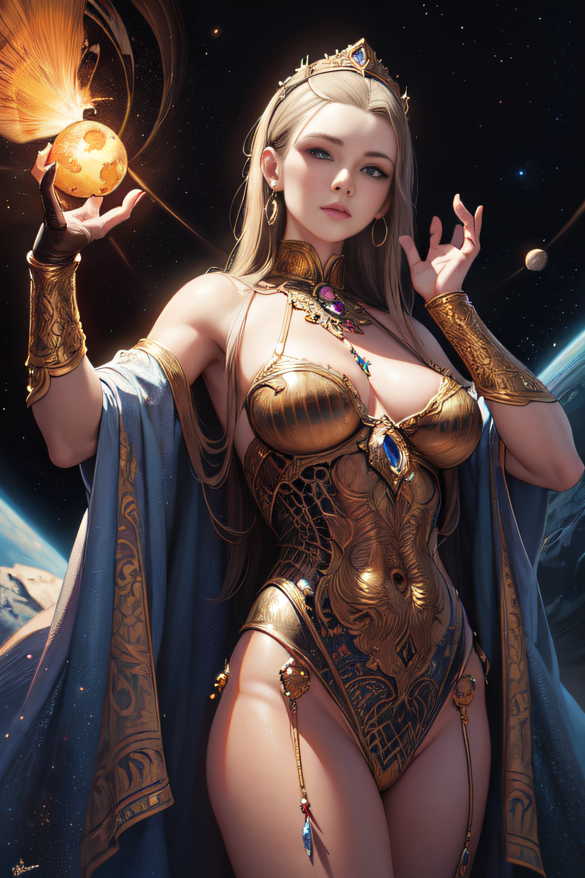 (masterpiece, best quality, highres) , art by Kelly Freas, (art by Warren Buffet:1.0) , fine detailed, ultra-detailed, detailed face, detailed eyes, concept art, 1700'S "The Death of Buddha", Space-time curvature background, Clear skies, shallow depth of field, Cozy, Magical Realism, Zoom lens
