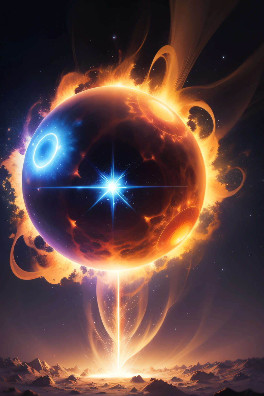 um close up de uma esfera com uma estrela brilhante no meio, esfera brilhante, esferas de energia, Aura dourada brilhante, glowing magma sphere, magical glowing sphere in midair, aura de poder. circunstanciado, apocalyptic spherical explosion, The God Particle, aura de eletricidade, bright electric aura, emanating and flowing energy, electric aura with particles, explosion of mystical energy
