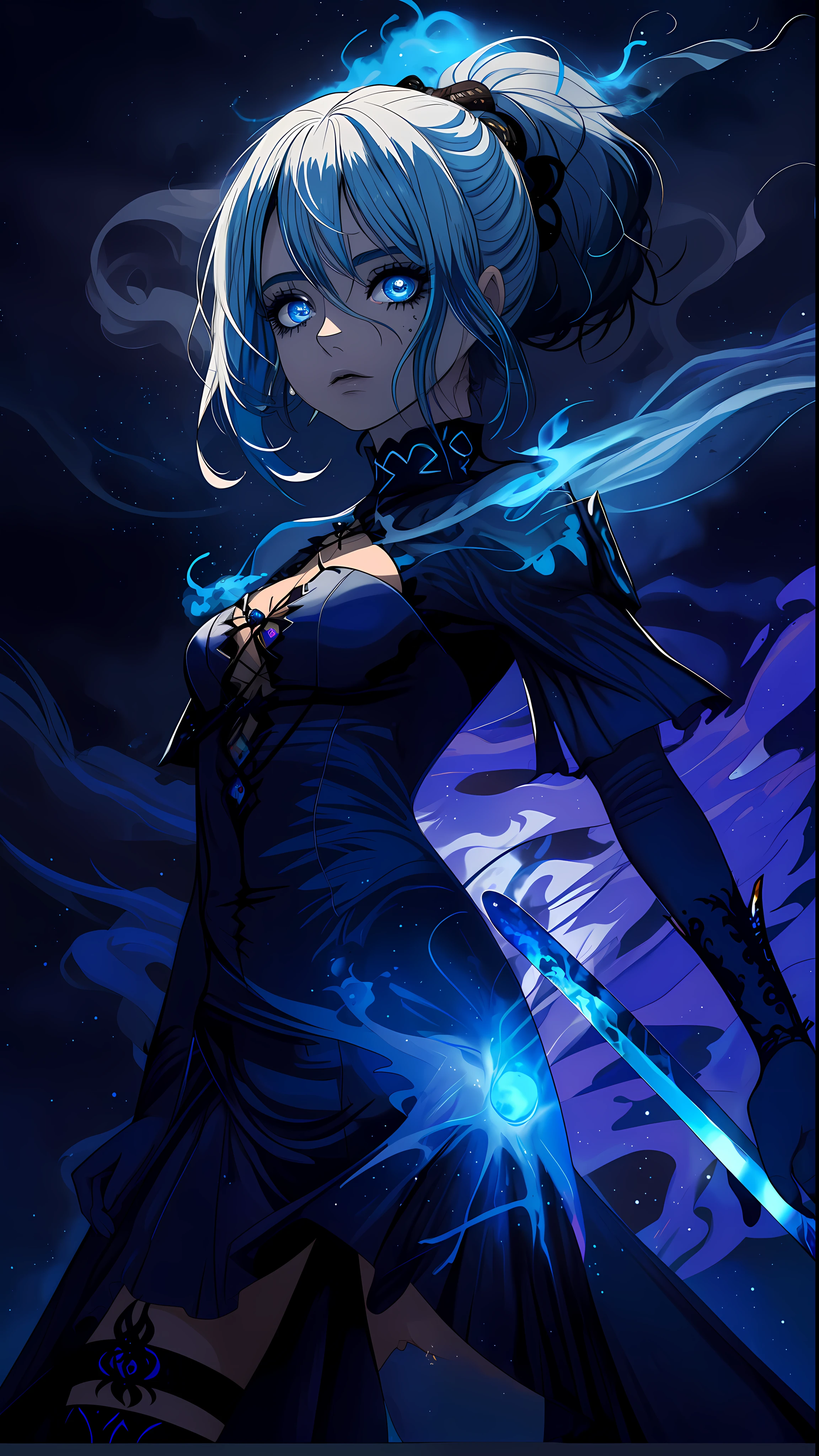 fogo azul, fire, brilhante, Hitodama, Magic, Spirit, 1girl, cabelos longos, olhos brilhantes, ghost, pessoal, tema azul, vestir, arma, monstro, espada