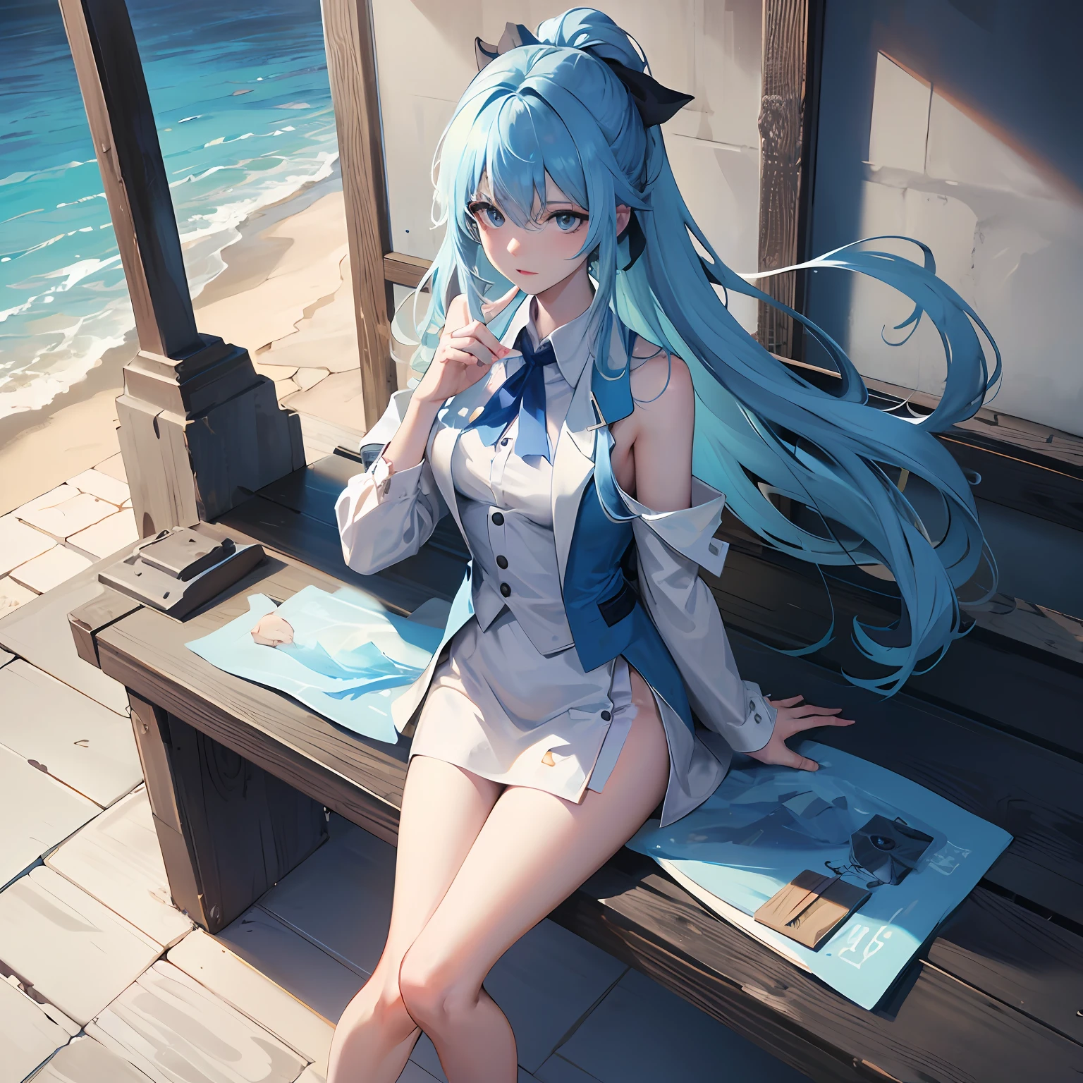one-girl, Wearing a light blue vest, eBlue eyes, Thin leg, naked leg, Barefoot, Sit on the rooftop, Below is the sea, Water and sky, ​​clouds, Gradient hair, Very long hair, hair flaps, blue hair ribbon, Chiaroscuro, Cinematic lighting, hyper HD, ccurate, ccurate, Best quality, High details，Sunlight, Actual rendering, screen space reflextions, water Reflections , Subsurface scattering, Edge lighting