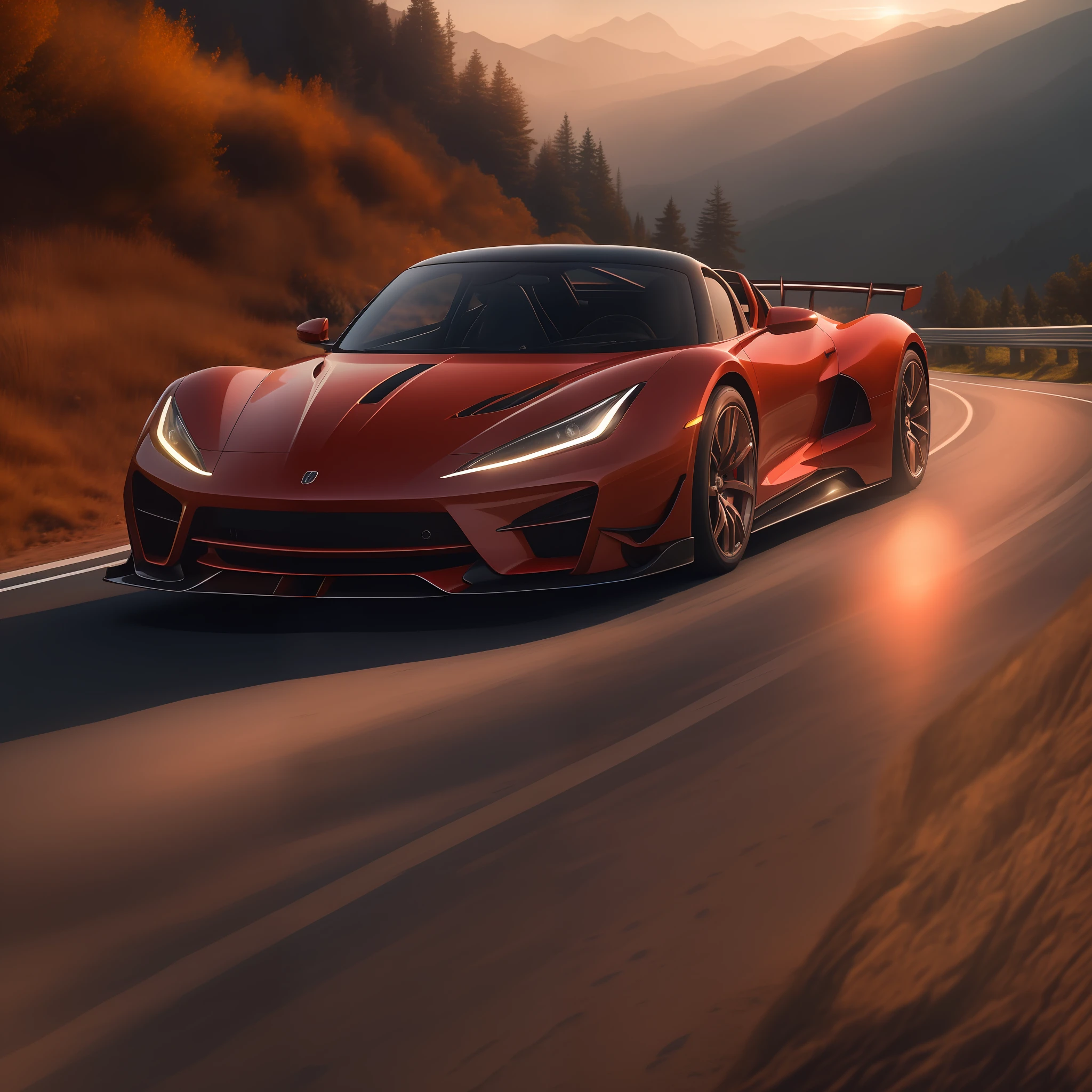 A stunning image of a luxurious red sports car racing down a mountain road, showcasing the cutting-edge technology and sophistication of its design. The car's high-performance, aerodynamic design and aerodynamics are captured beautifully, with the sunlightprovided by the setting sun illuminating the vehicle and creating a serene atmosphere. In the foreground, the sunset casts a dreamy, ethereal glow on the mountain road, creating a sense of serenity and serenity in the ethereal, dreamlike world of a high-performance sports car. wide-angle lens, soft lighting, high contrast