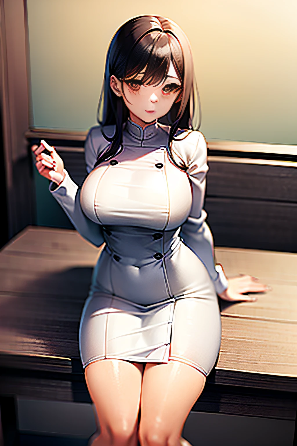 There was a woman sitting at her desk,Wearing a white dress, close - fitting nurse costume, Nurse, nurse girl, full-body xianxia, wearing lab coat and a blouse, Wearing a white hospital gown, nurse costume, doctor, nurses uniform, Portrait of a nurse on a stool, smooth white tight clothes suit, White coat, the doctor