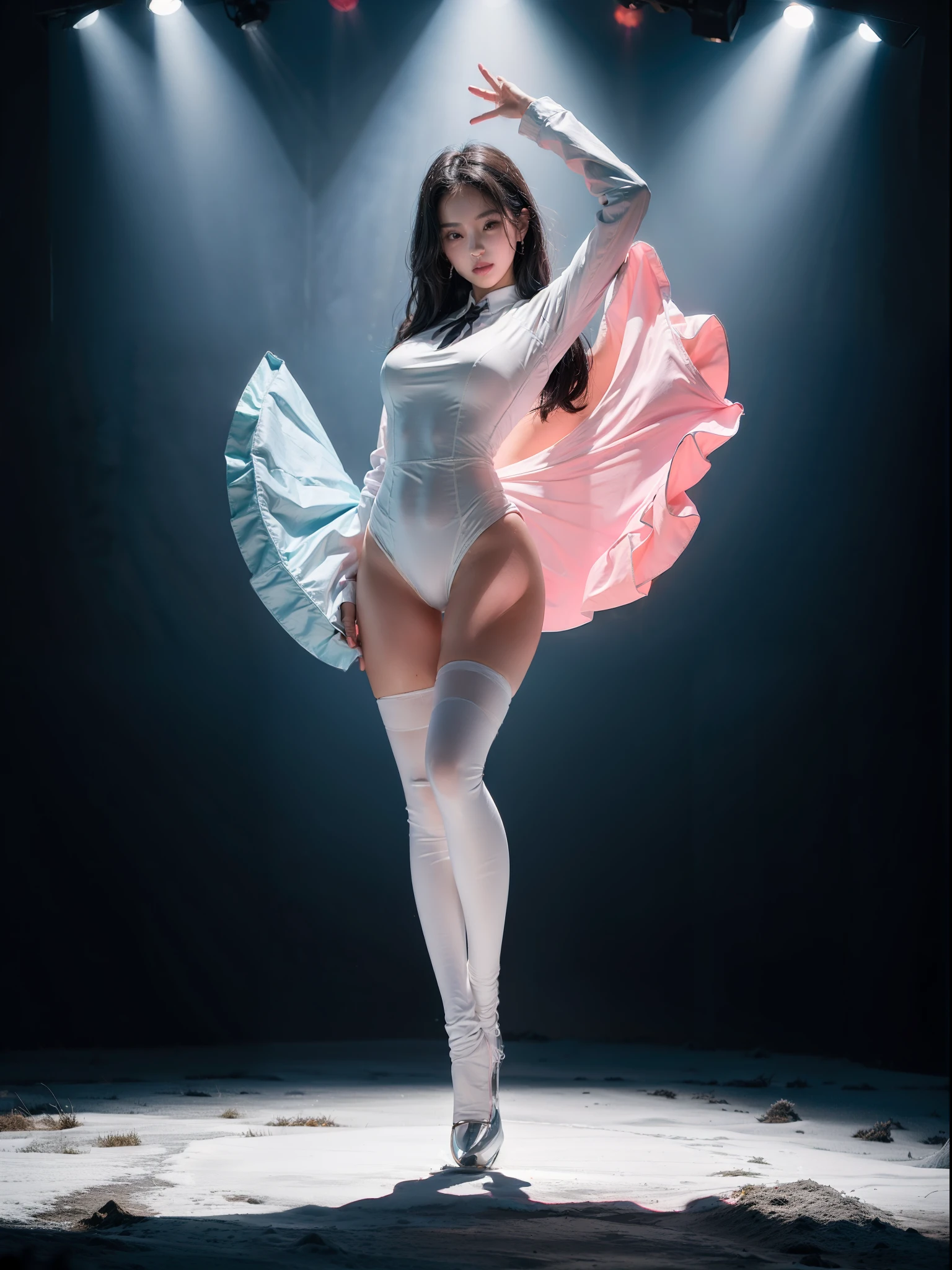 (Full body shot:2), anatomy correct, Must show your face, Dance on top of a mountain,There is a lot of snow, The breath of nature, Uniform high heels must be worn, (In pink|amarelo|blue colors|green color|red colour|white colors|black in color|purpleish color|greys|Beige|Skin color), Wearing a JK student uniform, Over-the-knee stockings,(gloss on the skin:1.3),Many jewelry, A shallow laugh, anatomy correct, Complex and diverse backgrounds, hyper HD, Ray traching, reflective light, structurally correct, Award-Awarded, high detal, lightand shade contrast, Face lighting, tmasterpiece, super detailing, high high quality, high detal, best qualityer, Reflectors, 16k