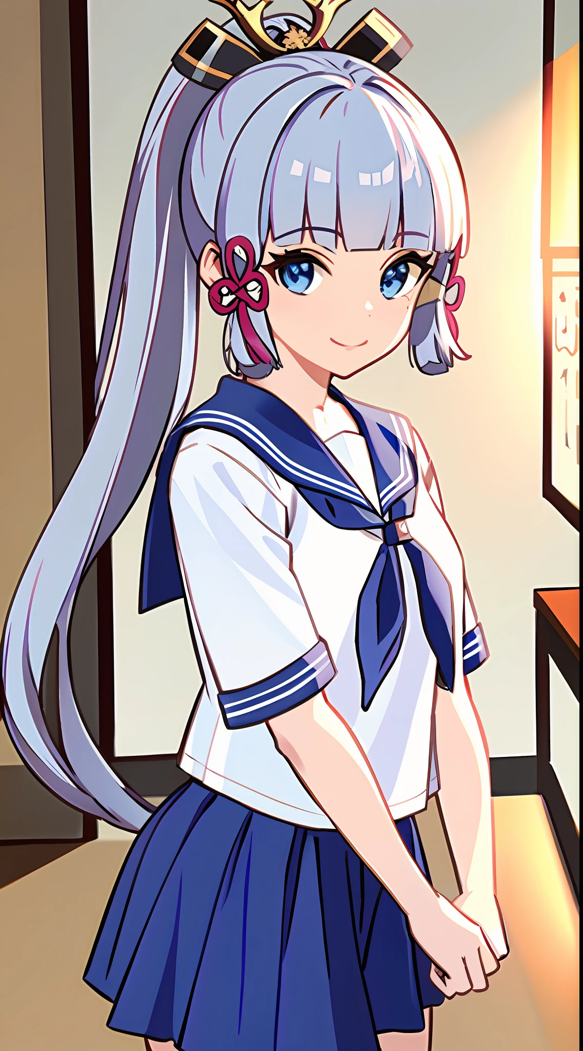 (masterpiece, best quality, ultra-detailed, illustration),genshin impact, kamisato, 1girl,solo,ayaka hair ornament,cowboy shot,ponytail, blunt bangs,blue eyes, smile, closed mouth, eyebrows visible through hair, long hair, silver hair, looking at viewer, indoors,medium breasts,school uniform, serafuku, sailor collar, pleated skirt,